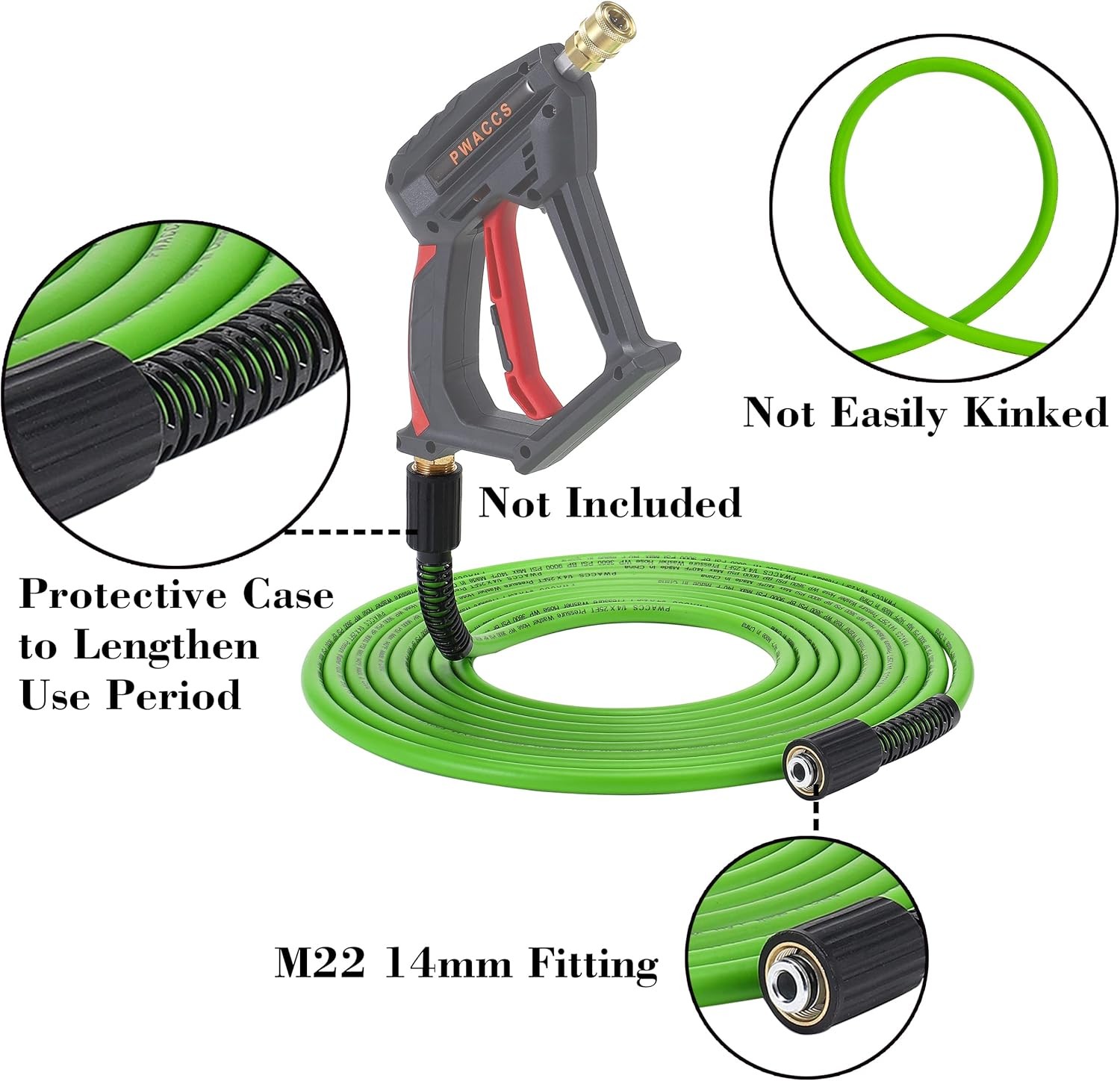 High Pressure Flexible Power Washer Hose 3600 PSI 1/4″ x 25 FT M22 Fittings