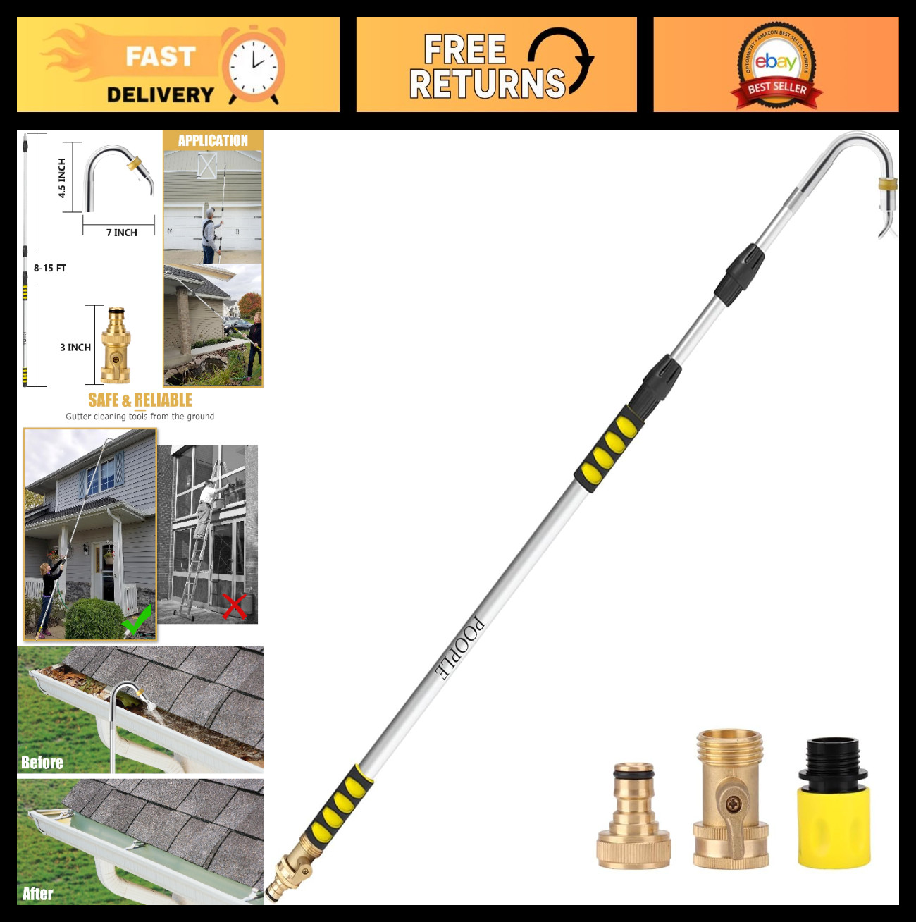 24FT Telescoping Gutter Cleaning Tool, 360° Metal Head Wand & Hose Adapter