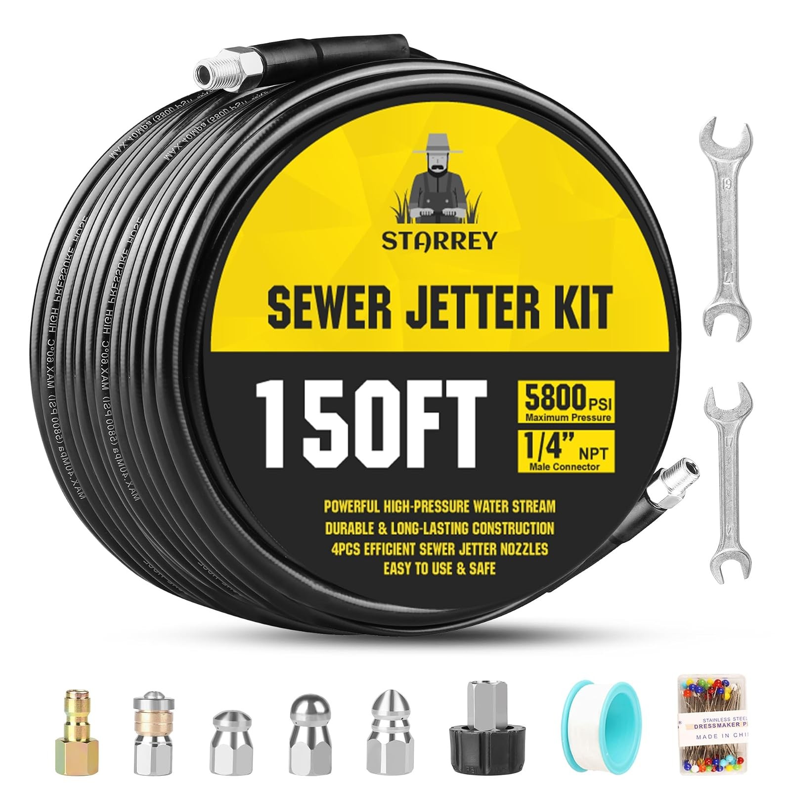 Pressure Washer Drain Jetter 150FT Sewer Kit 5800PSI