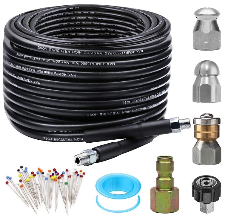 50FT 5800 PSI Pressure Washer Hose Jetter Nozzles Kit 1/4”NPT Sewer Drain R…
