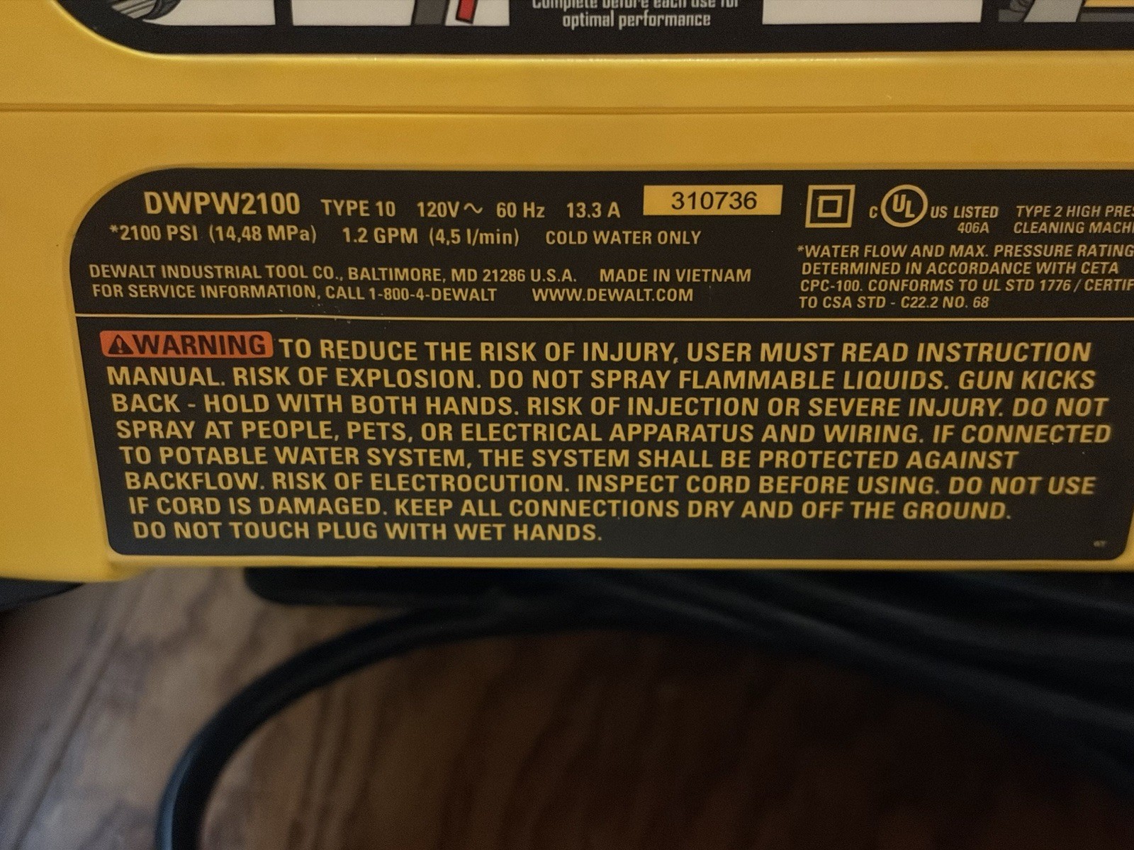 DEWALT Pressure Washer 2100PSI Electric Cold Water DWPW2100
