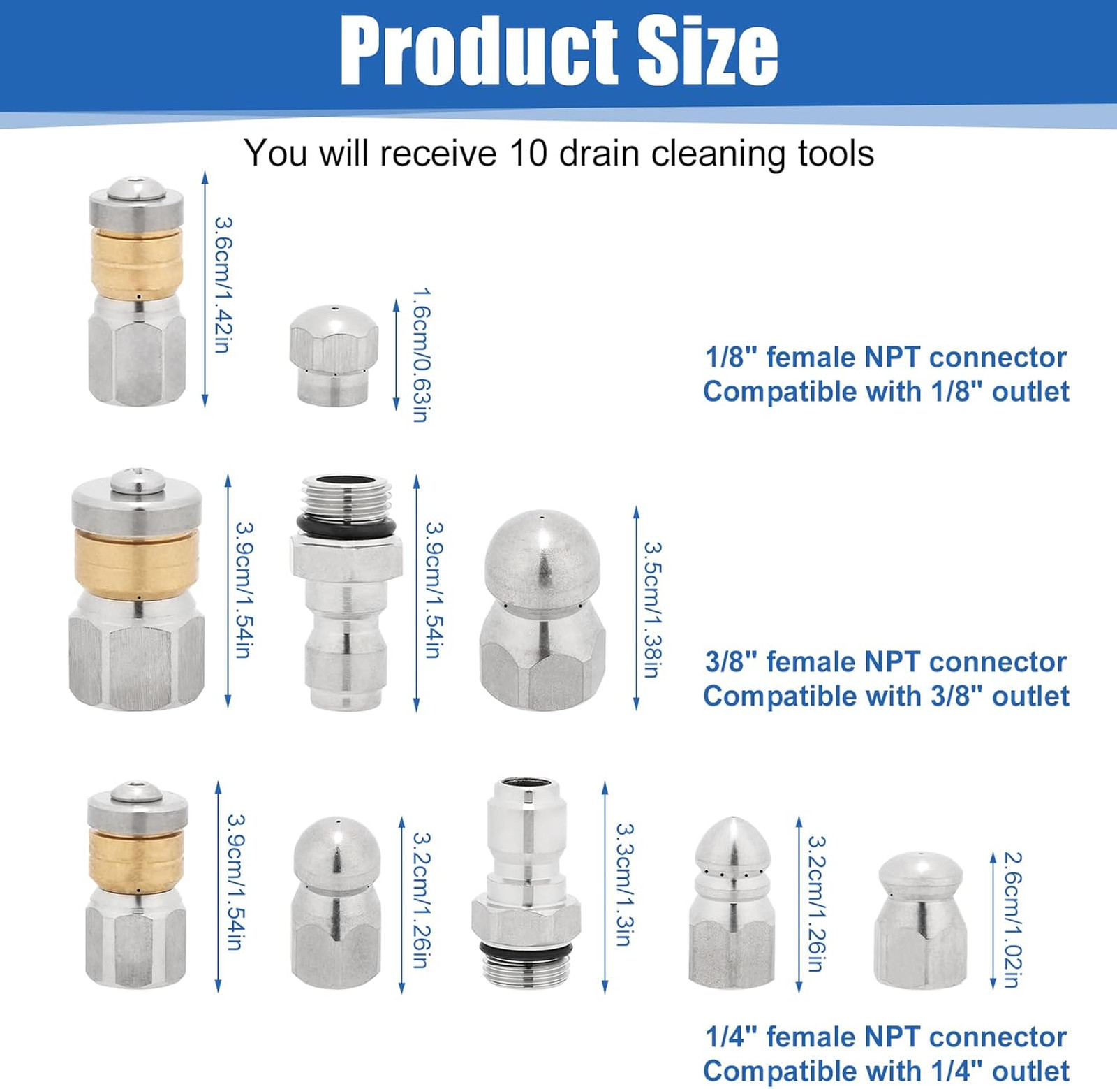 Sewer Jetter Nozzle Kit Stainless Steel 8 Piece High Pressure 5000 PSI, Drain