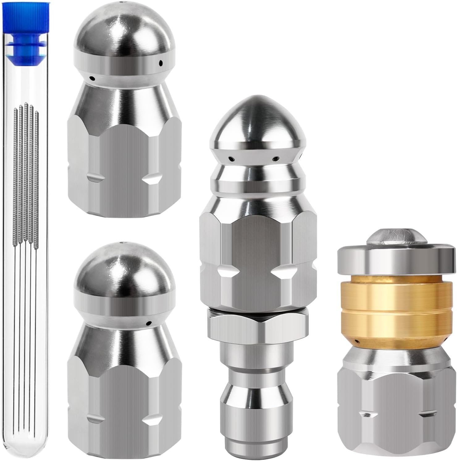 4PCS Pressure Washer Sewer Jetter Nozzle Kit – Stainless Steel Rotating Nose