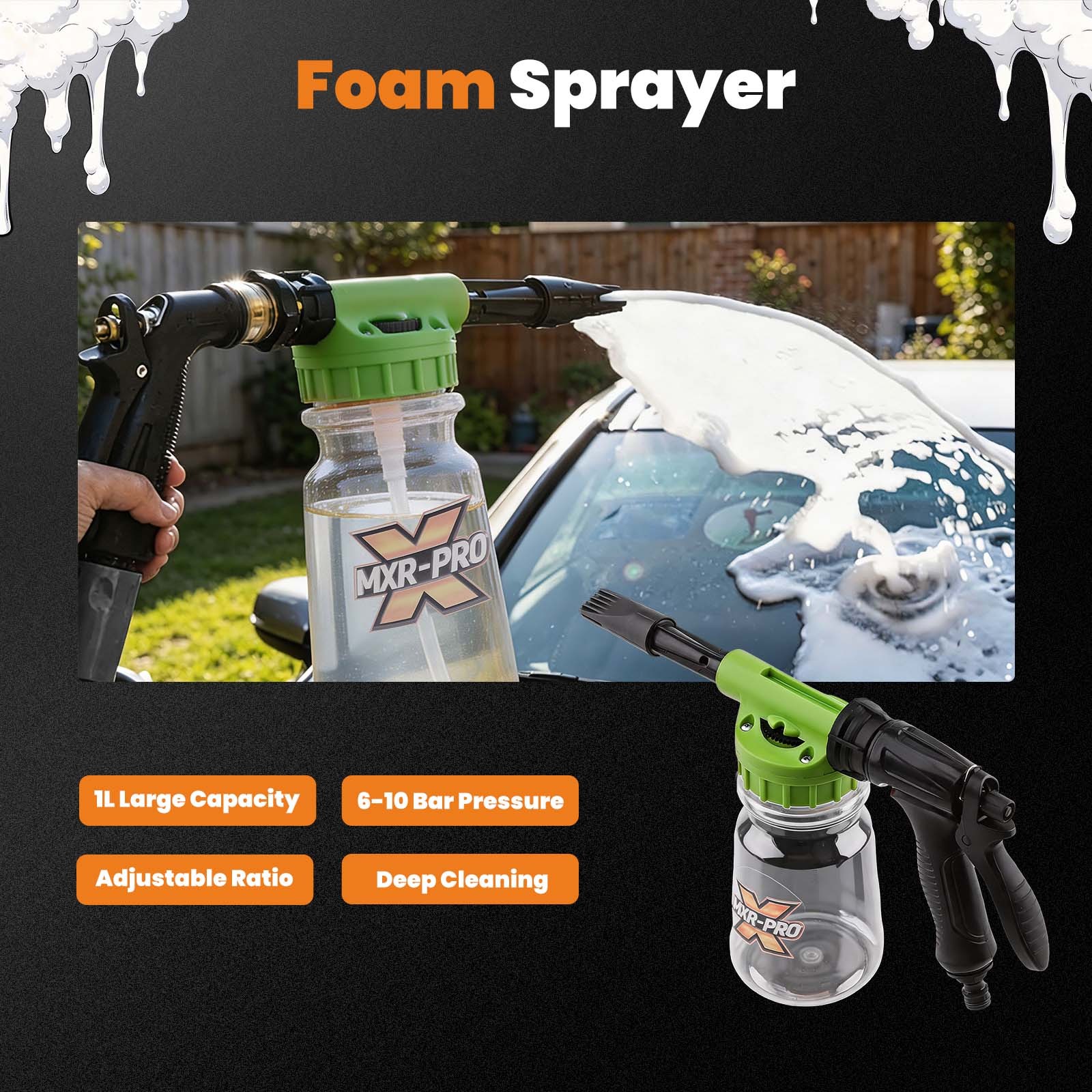 1L Foam Cannon Adjustable Soap Gun for Car Wash Garden Hose Connector Kit