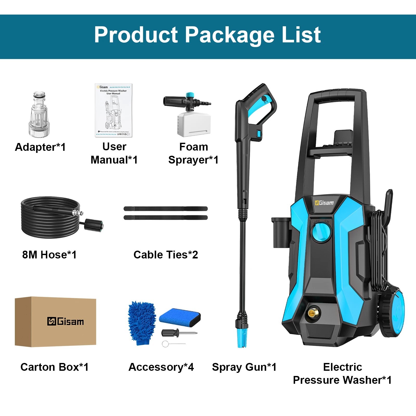 Gisam 2200W 200Bar Electric High Pressure Washer Car Washer Gun Garden Washing