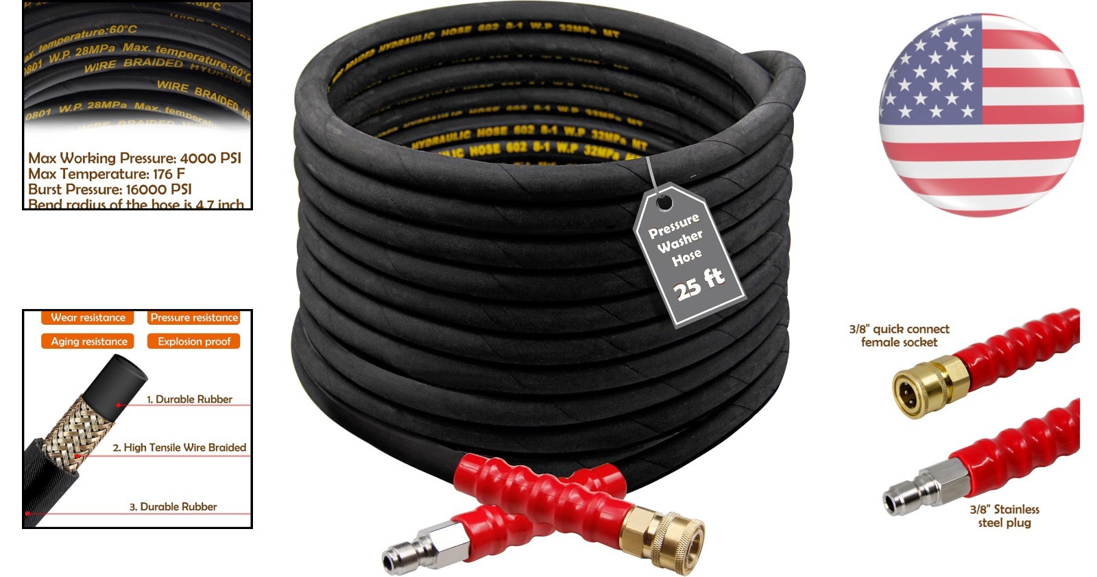 Versatile 25FT Pressure Washer Hose, 4000 PSI | Ideal for Home & Business Use