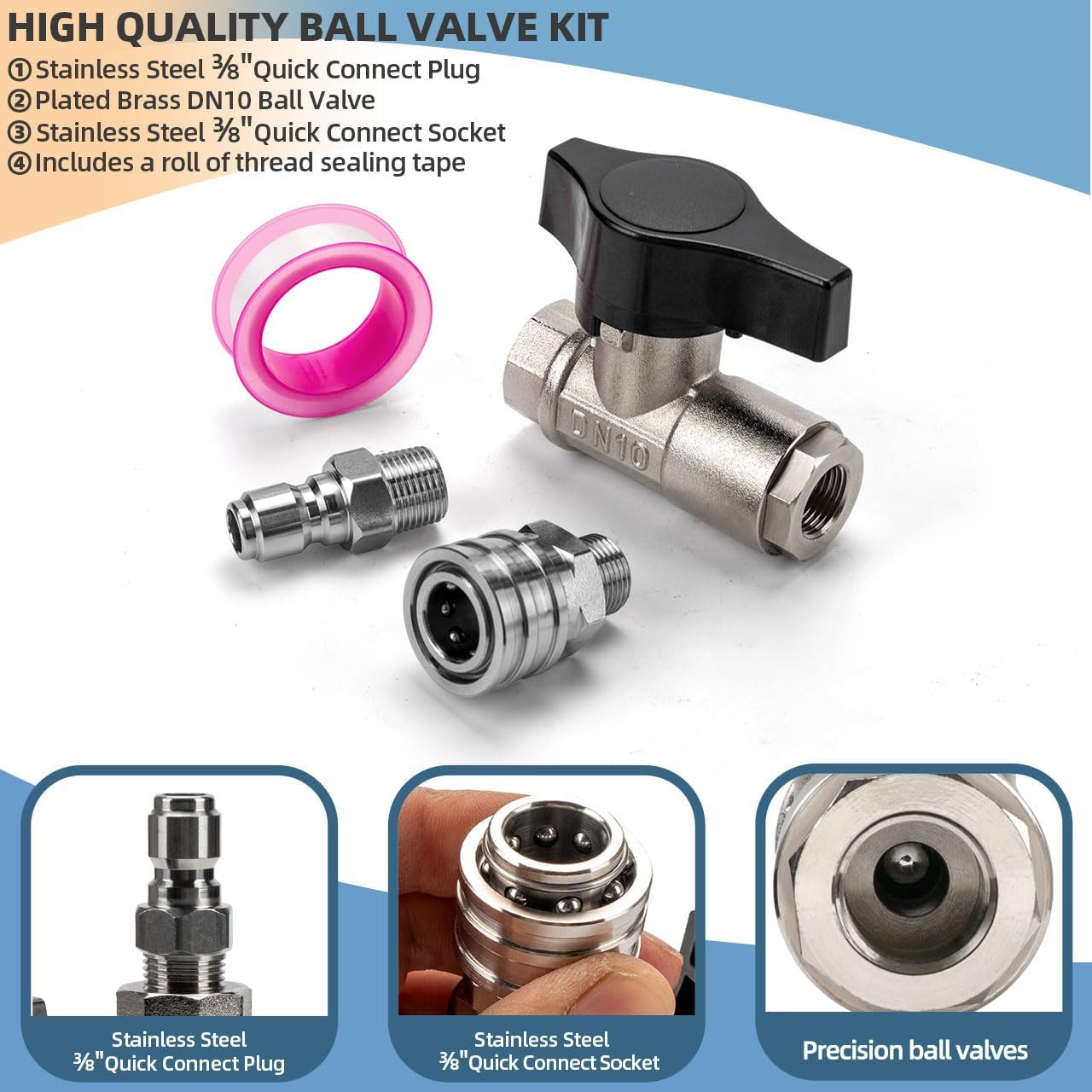 DN10 Ball Valve for Pressure Washer, 3/8″ Quick Connect Ball Valve for Pressure