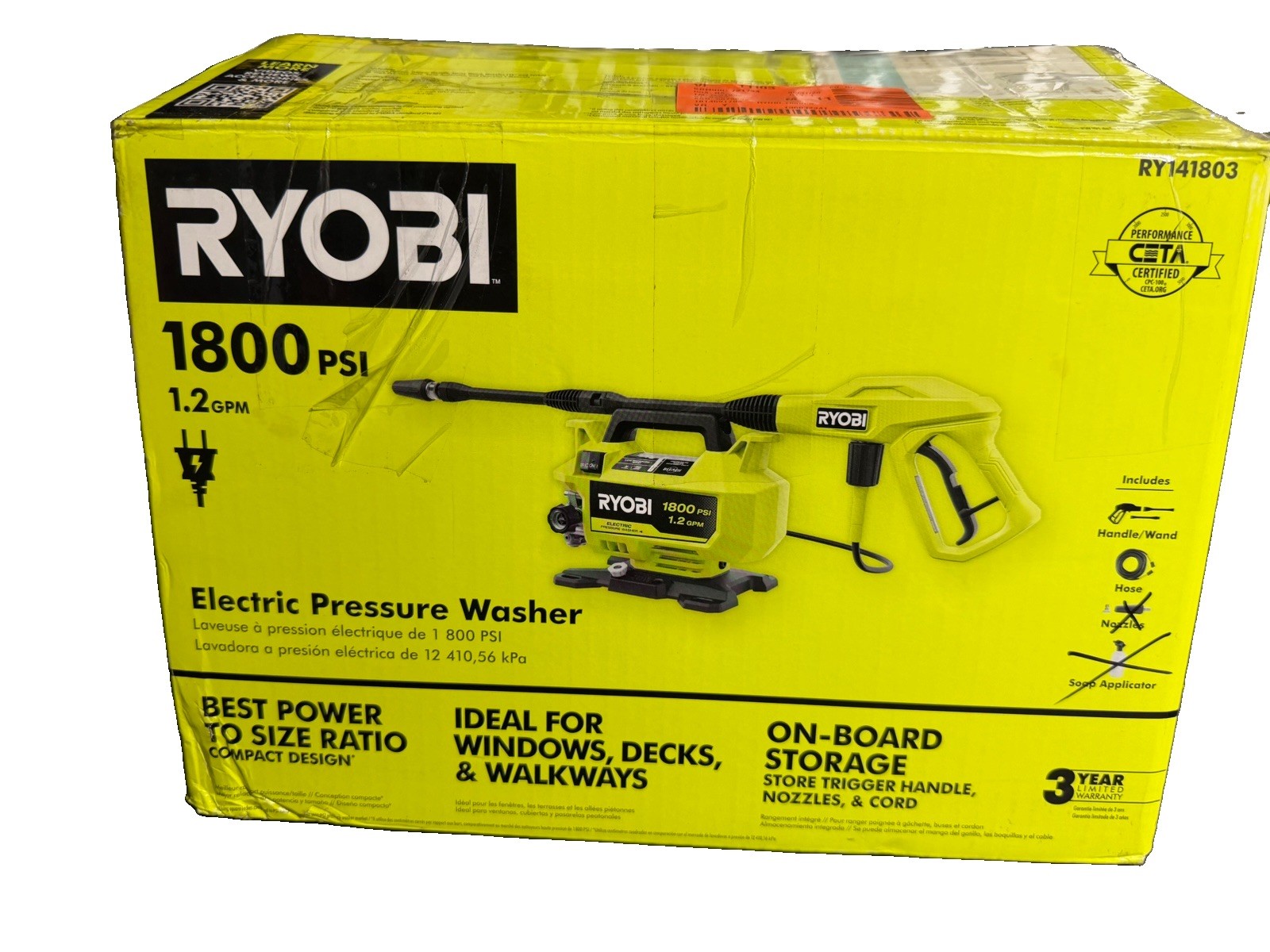 Ryobi 1800 PSI 1.2 GPM Cold Water Corded Electric Pressure Washer Missing Nozzle