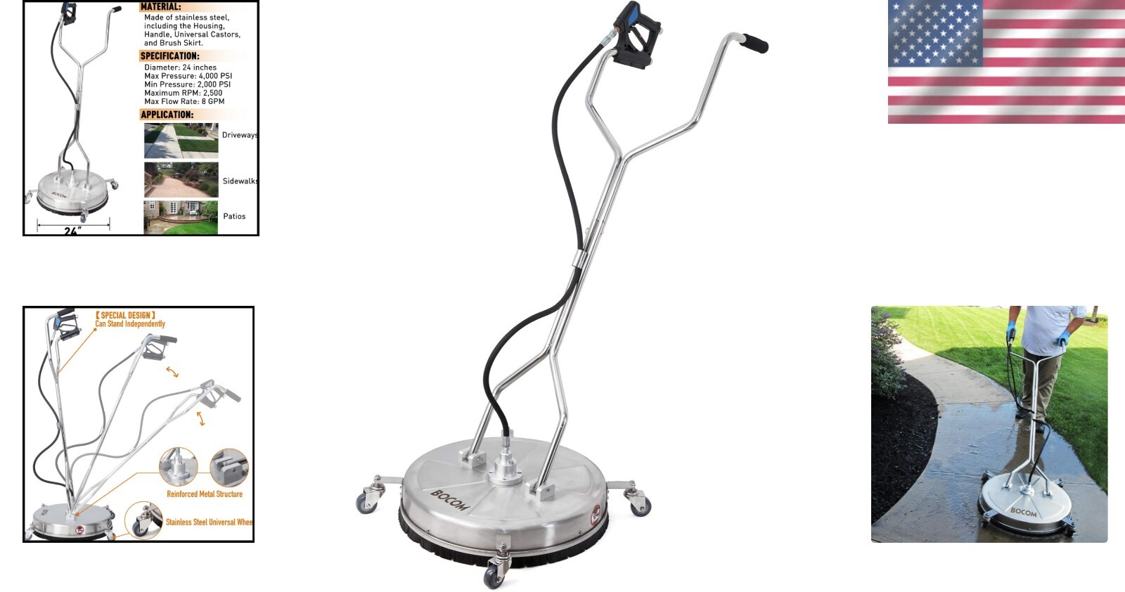 BOCOM 24-Inch Stainless Steel Pressure Washer Surface Cleaner – 4000 PSI Power