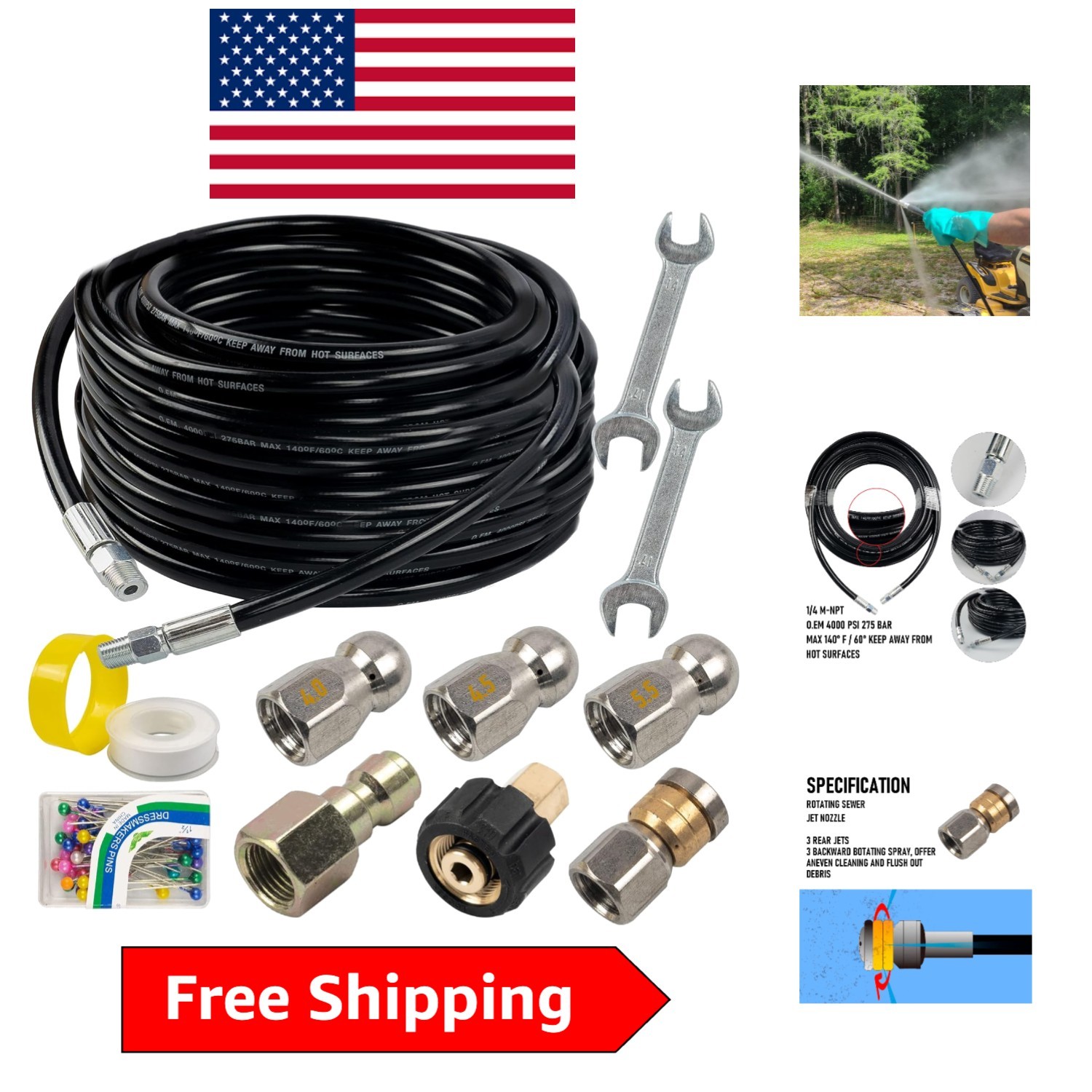 Efficient 50FT Drain Cleaning Hose & Nozzle Set for Pressure Washers – 4,000 PSI