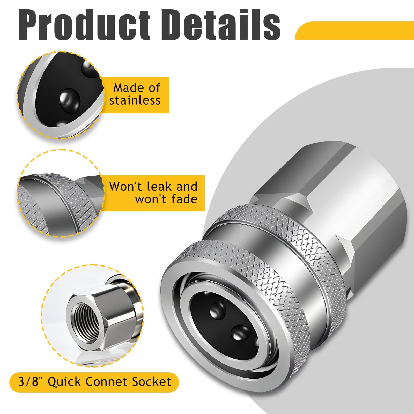 3/8 Inch Stainless Steel Quick Connector Kit Pressure Washer Adapter 4 Sets