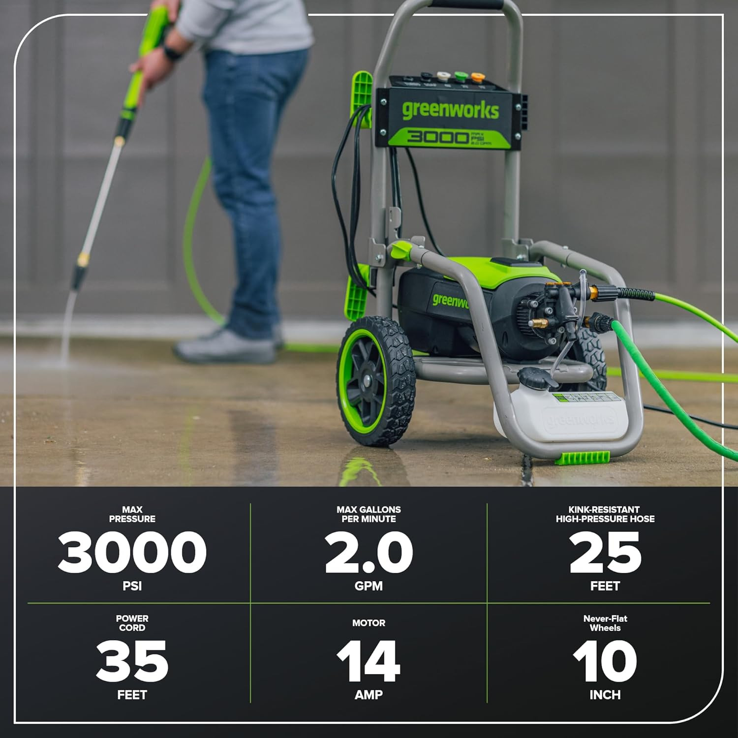 Greenworks 3000 PSI (2.0 GPM Max) Brushless Electric Pressure Washer (15°, 25°,