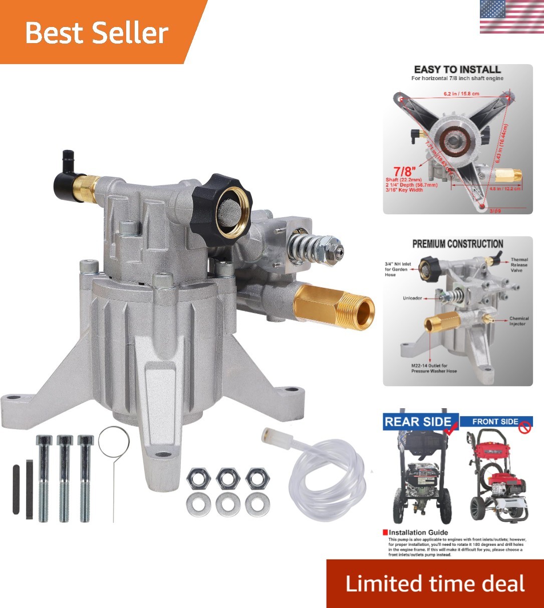 Efficient Replacement Pressure Washer Pump, 3400 PSI, Easy to Install, Aluminum