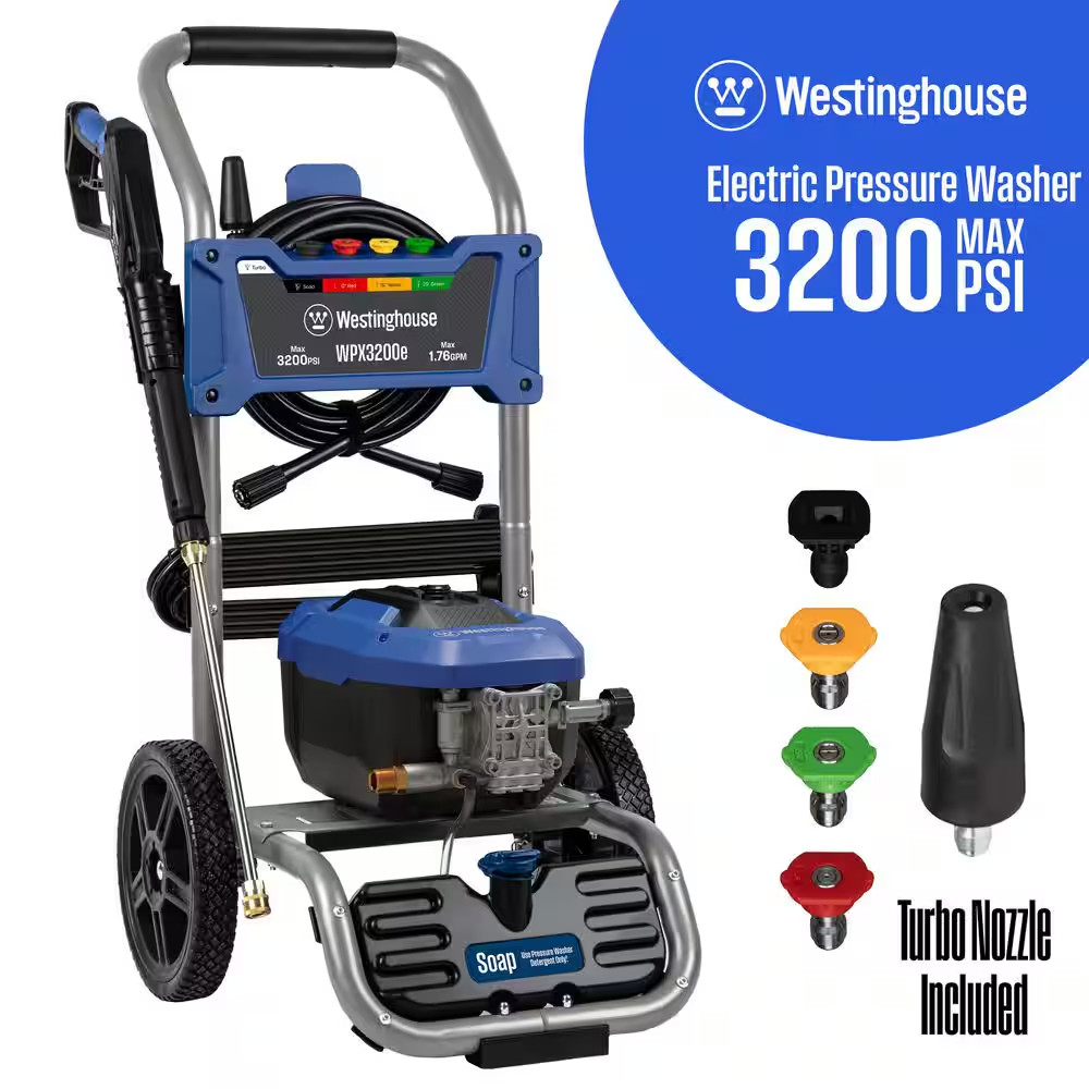 3200 Max PSI 1.76 Max GPM 13 Amp Cold Water Electric Powered Pressure Washer wit