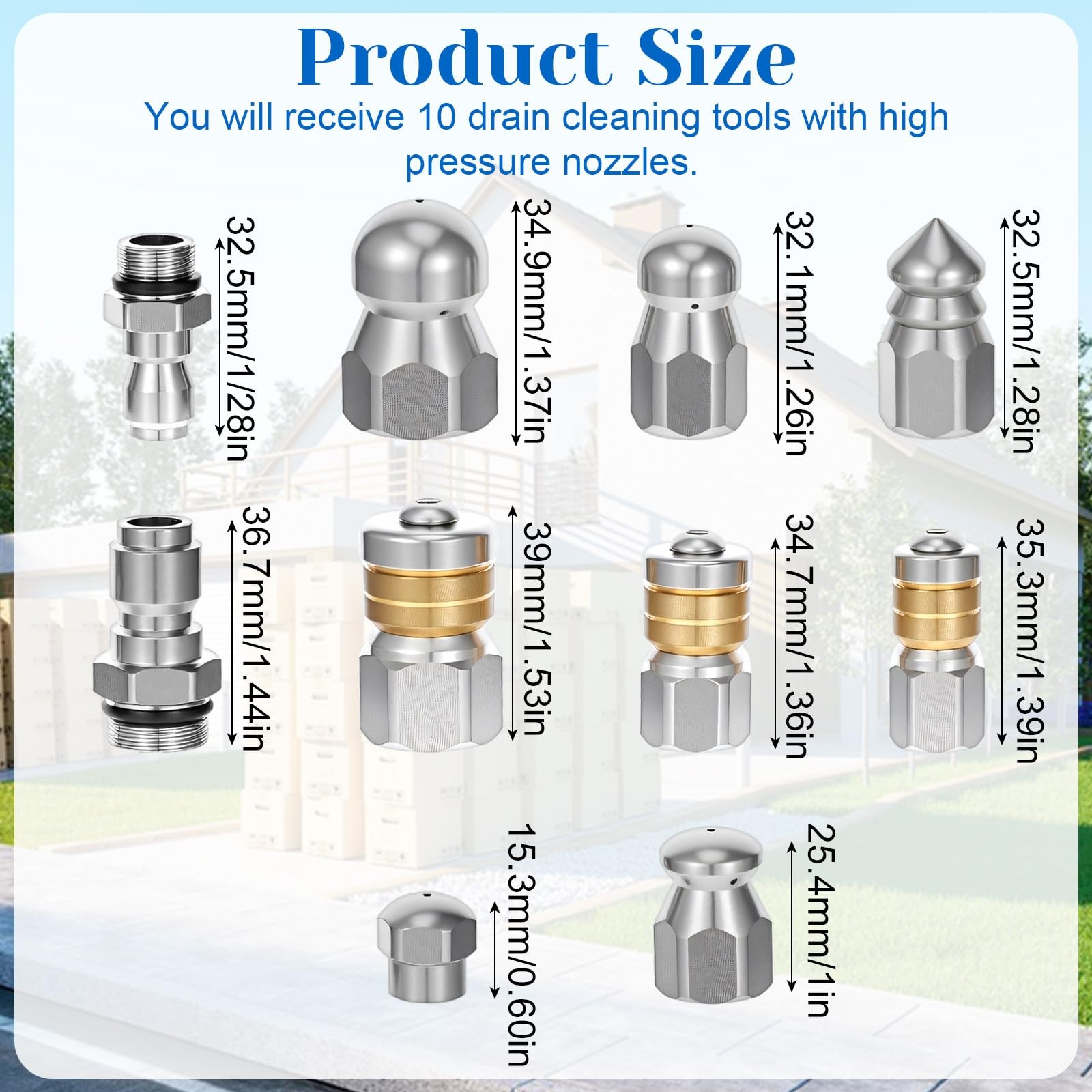 10 Pcs Sewer Jetter Nozzle Kit Stainless Steel Jetter Heads Kit otating Butto…