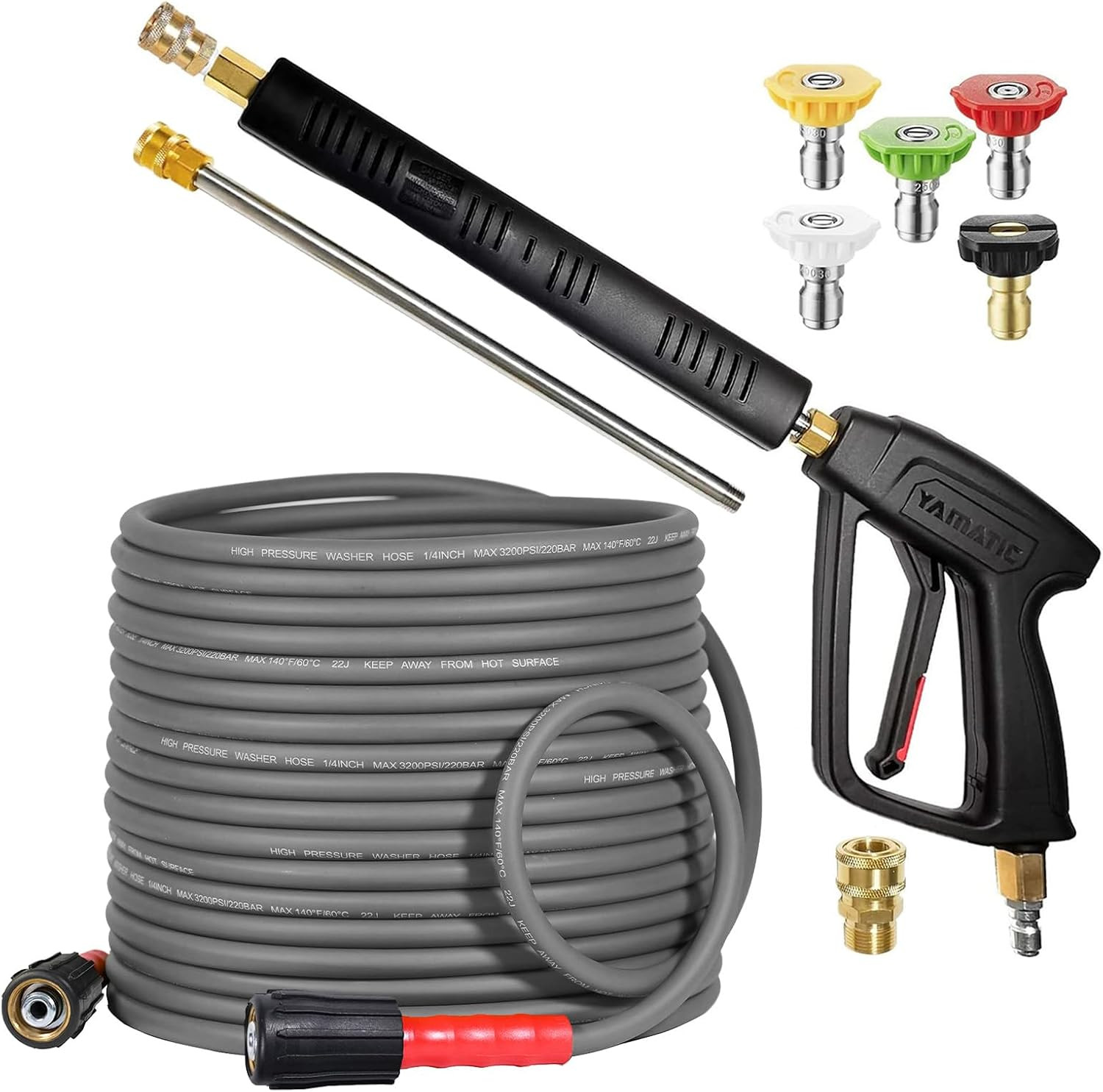 YAMATIC Pressure Washer Gun and 50FT Flexible Hose Stainless Steel Wand | 4000PS