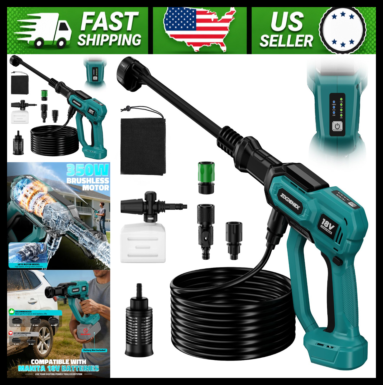 Cordless Portable Pressure Washer for Makita 18V Battery, 1000 PSI