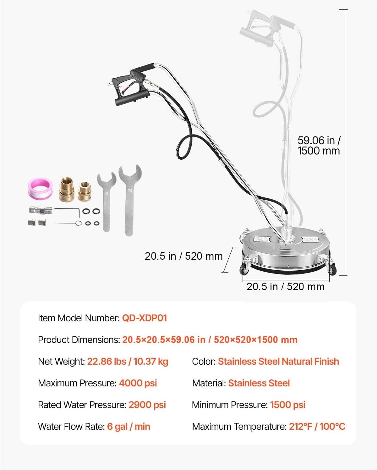 20 Inch Pressure Washer Surface Cleaner, 4000 PSI Stainless Steel Attachment …