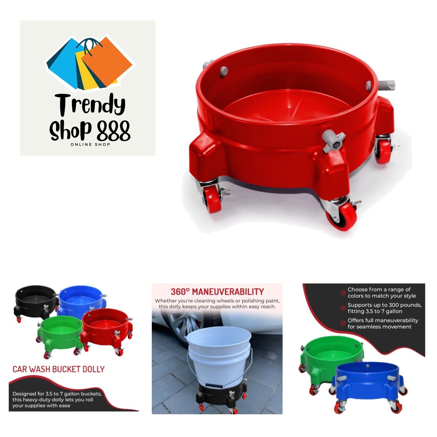 Heavy Duty Car Wash Bucket Dolly with 360° Swivel Casters | Fits 3.5–7 Gallon…