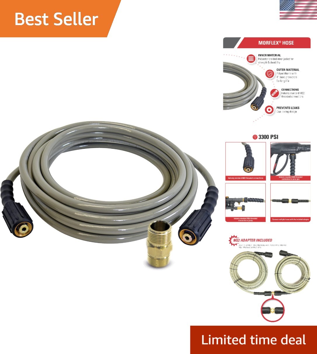 25-Foot MorFlex Pressure Washer Hose – Heavy-Duty, Kink Resistant