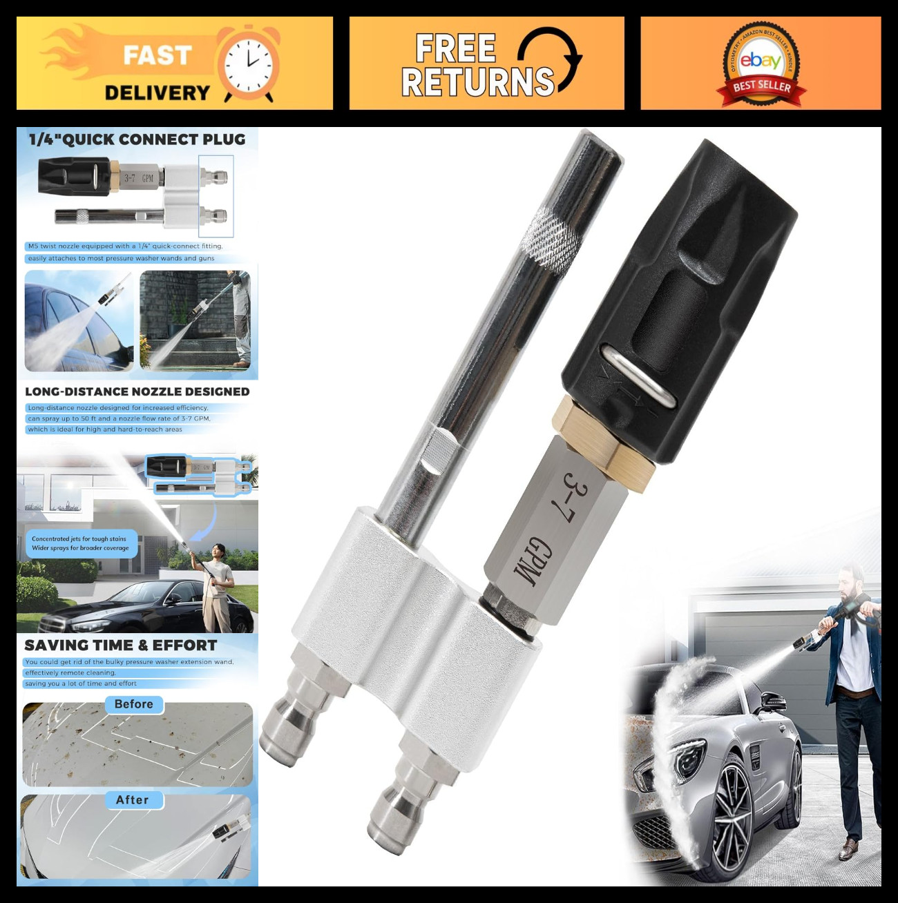 Adjustable M5 Twist Nozzle for Pressure Washer, 3-7 GPM, Long Range Soap Tip