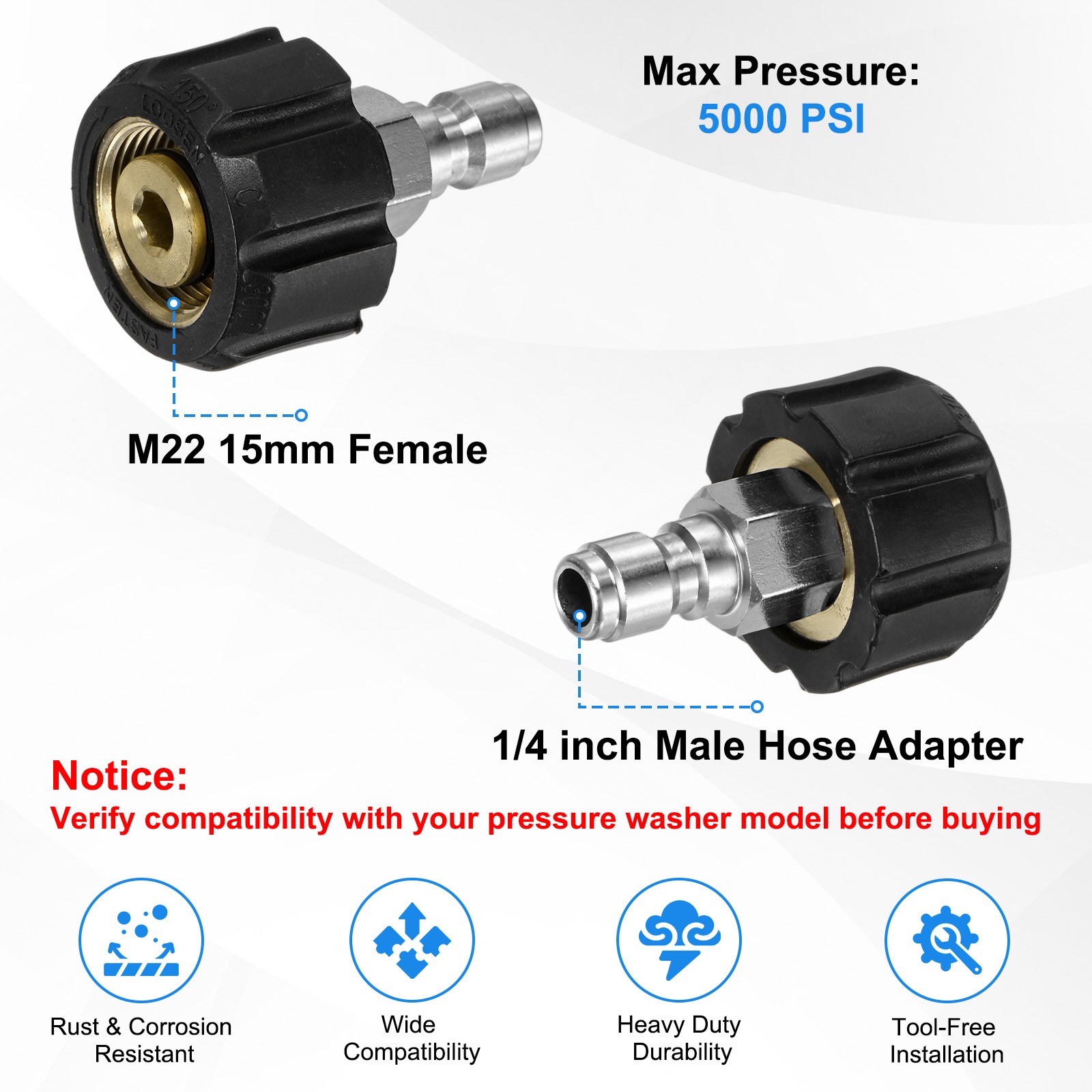 1-Pack M22 15mm Female to 1/4 Inch Male Pressure Washer Quick Connect Fittings
