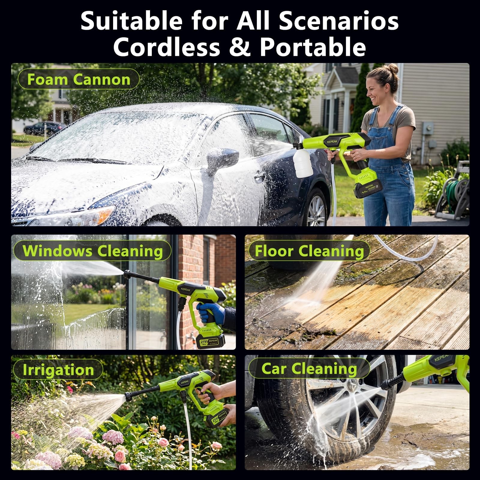 Cordless Pressure Washer, 1450 PSI Battery Operated Washer with 6-in-1 Nozzle