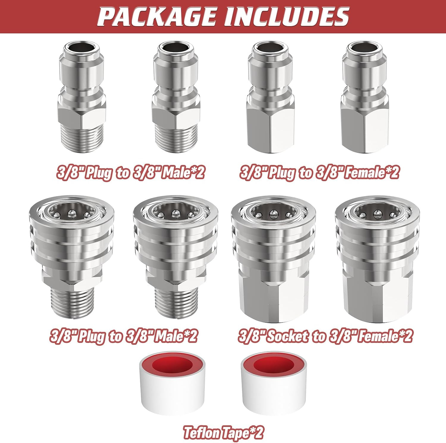 3/8″ Pressure Washer Quick Connect Kit, Female and Male Swivel Fitting, Stainles