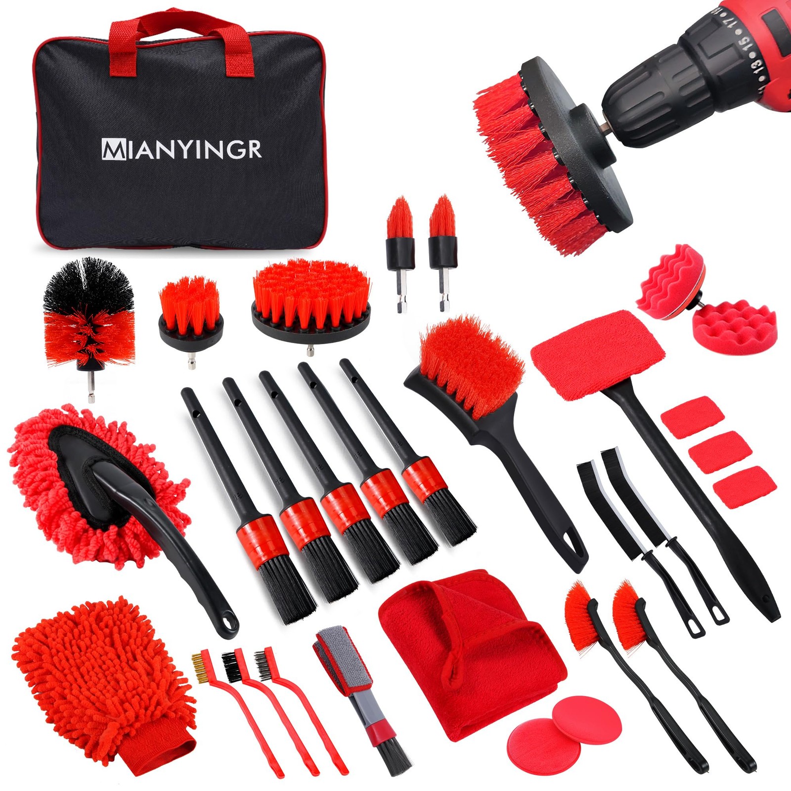 MIANYINGR 32Pcs Red Car Detailing Kit – Brush Set & Cleaning with Drill…