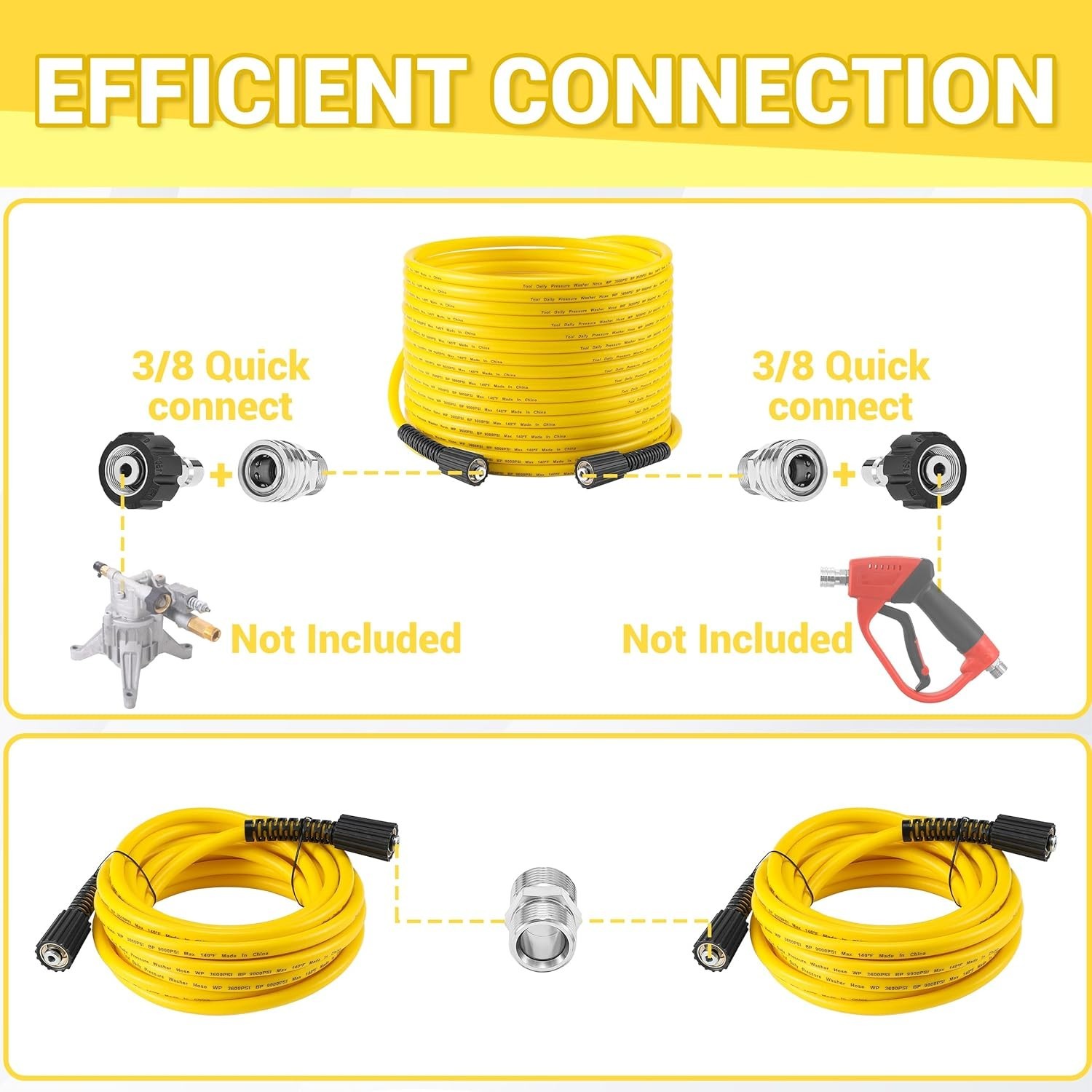 Manguera Hidrolavadora 50FT, 3600PSI, Antitorsión, M22/3/8″