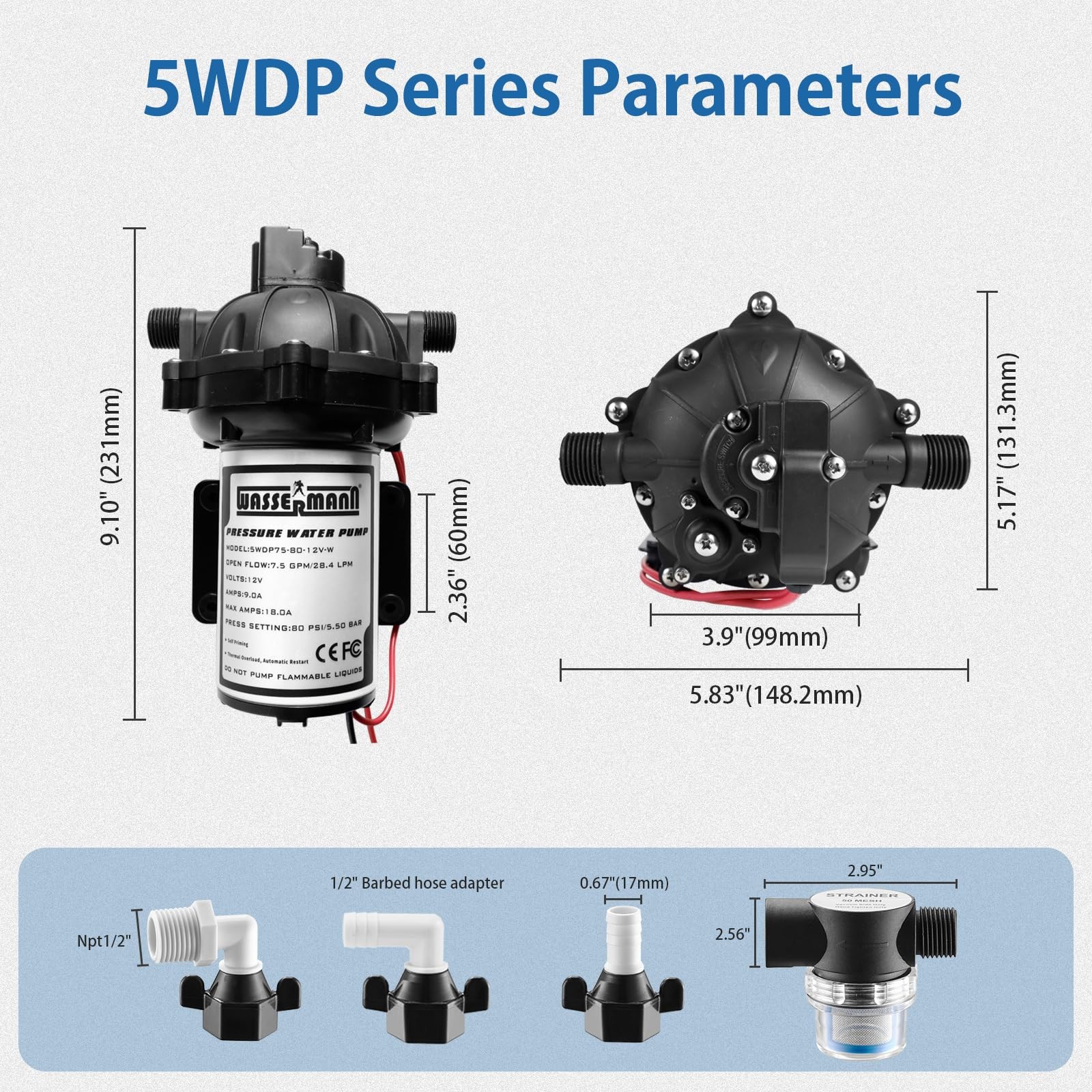 WASSERMANN 12V DC Washdown Pump Kit, 7.5GPM 80PSI, 5-Chamber Self-Priming Dia…