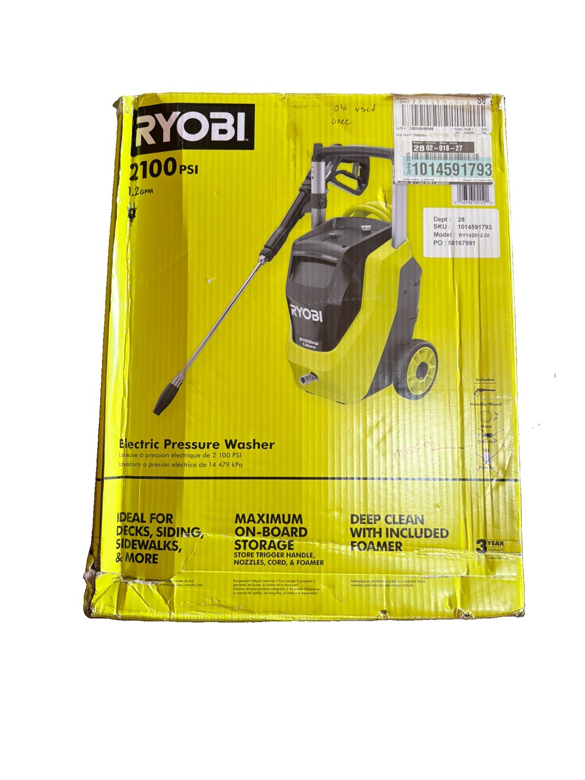 Ryobi RY142012 2100 PSI Corded Electric Cold Water Washer READ BELOW