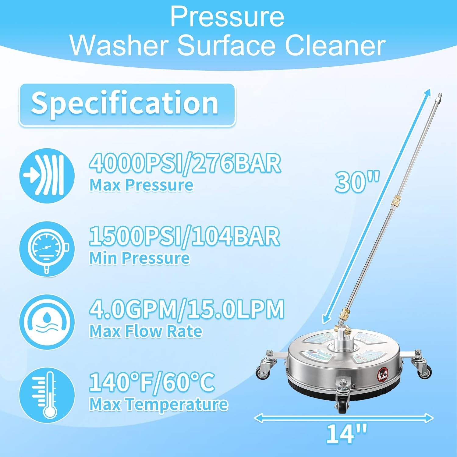 Multi-Surface 14” Pressure Washer Cleaner with 2 Extension Wands – 4000 PSI