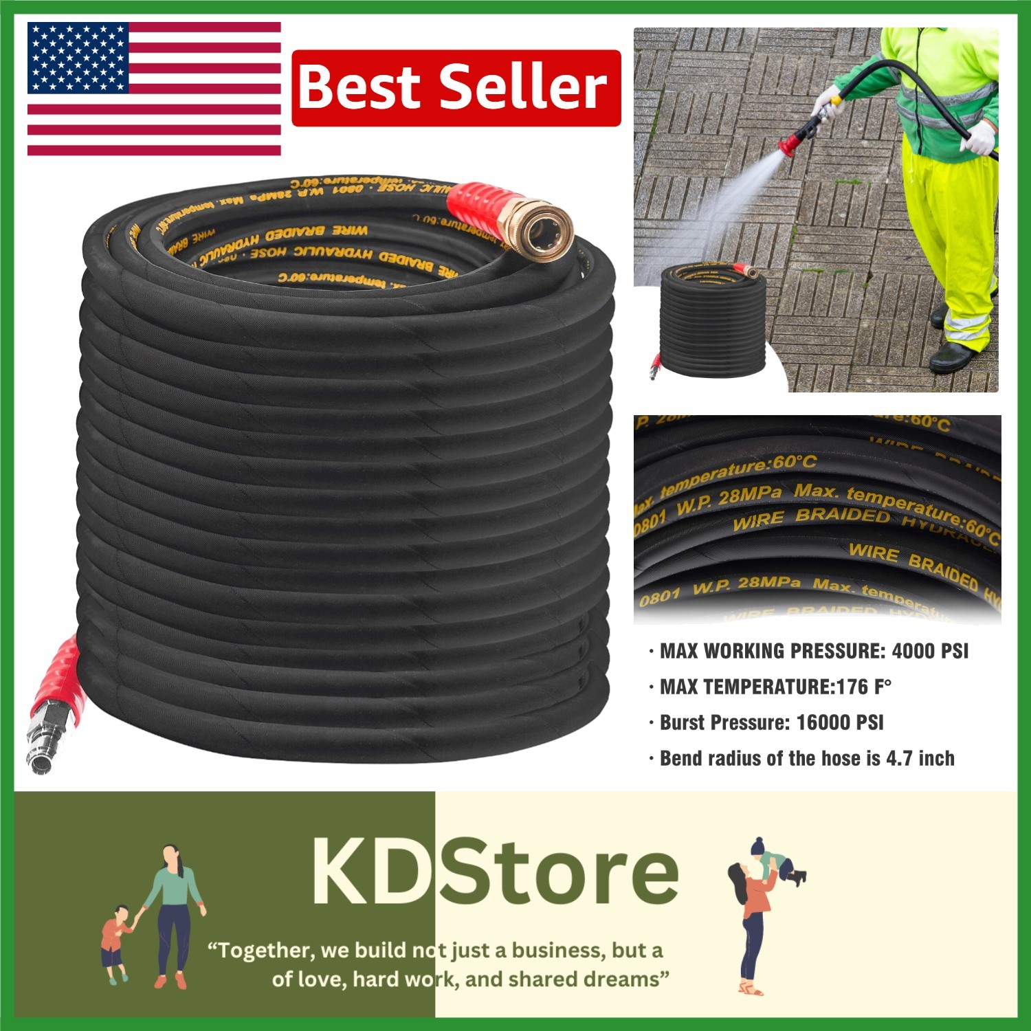 Rubber 50FT Pressure Washer Hose with 3/8” Connection – Max 16,000 PSI Burst