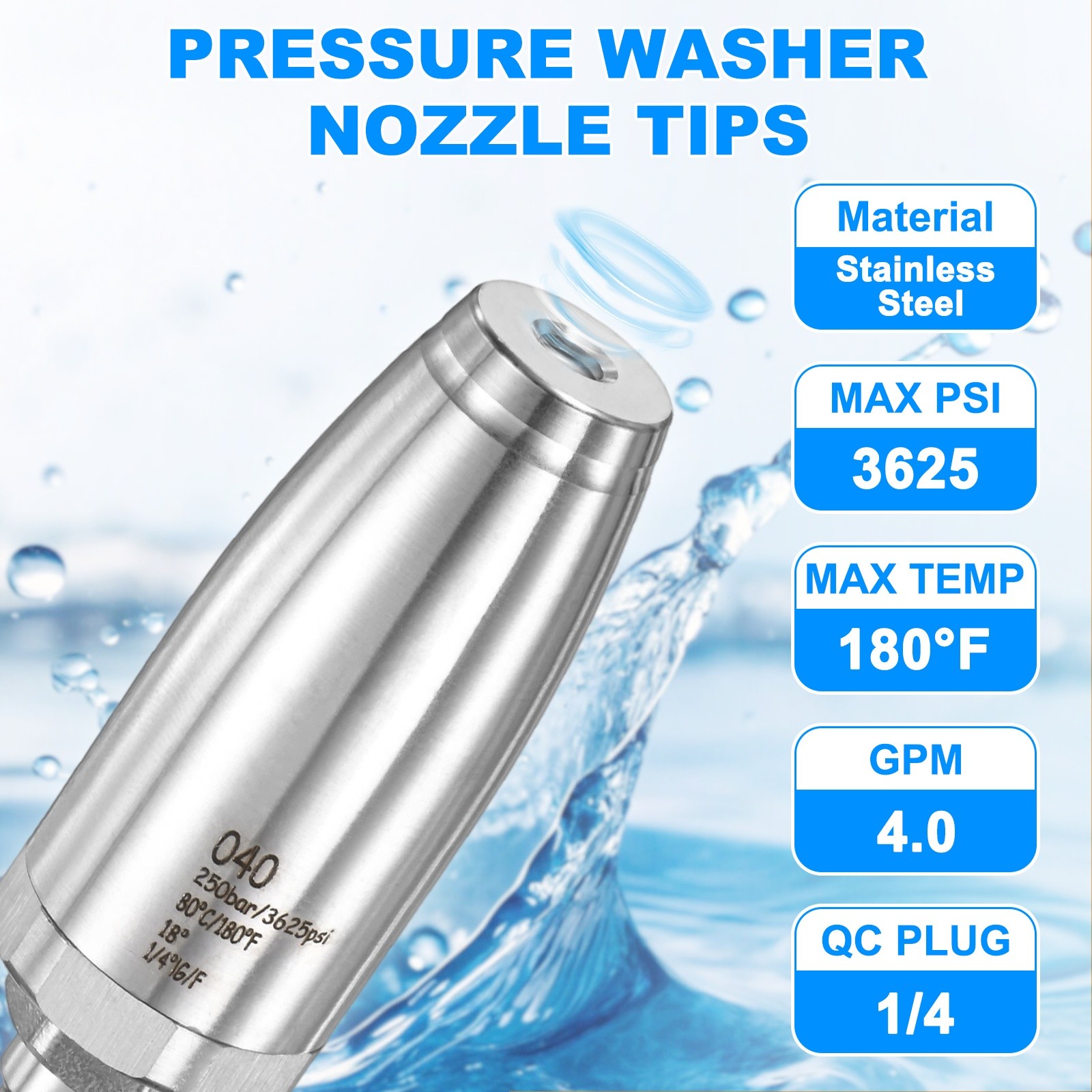 6-Pack Pressure Washer Turbo Nozzle Tips Set, 360° Rotating, 4 GPM [Silver]