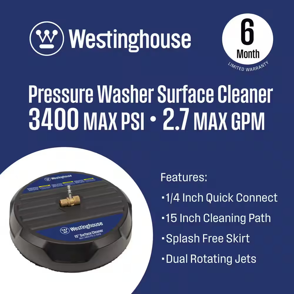 PWSC Universal 15 In. Pressure Washer Surface Cleaner Attachment – 3400 PSI, 1/4