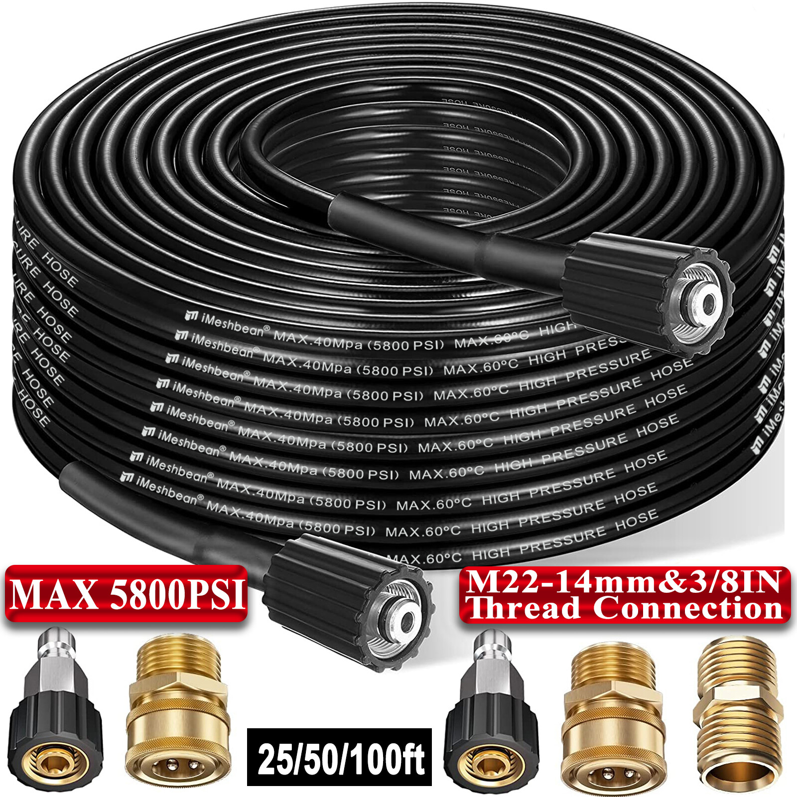 High Pressure Washer Hose 20/25/50/100ft 5800PSI M22 Power Washer Extension Hose