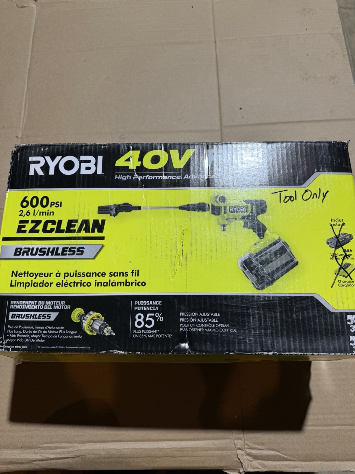 Ryobi 40V HP EZClean 600 PSI Brushless Cold Water Pressure Washer Hose-Tool Only
