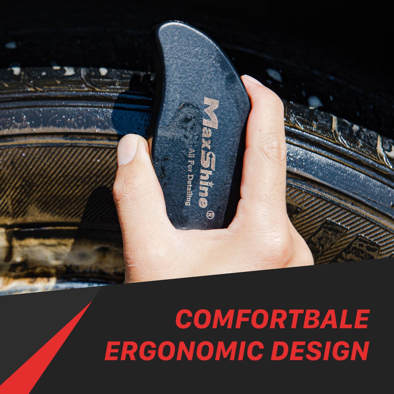 Maxshine Universal Ergonomic Tire Brush with Wood Brush, Black