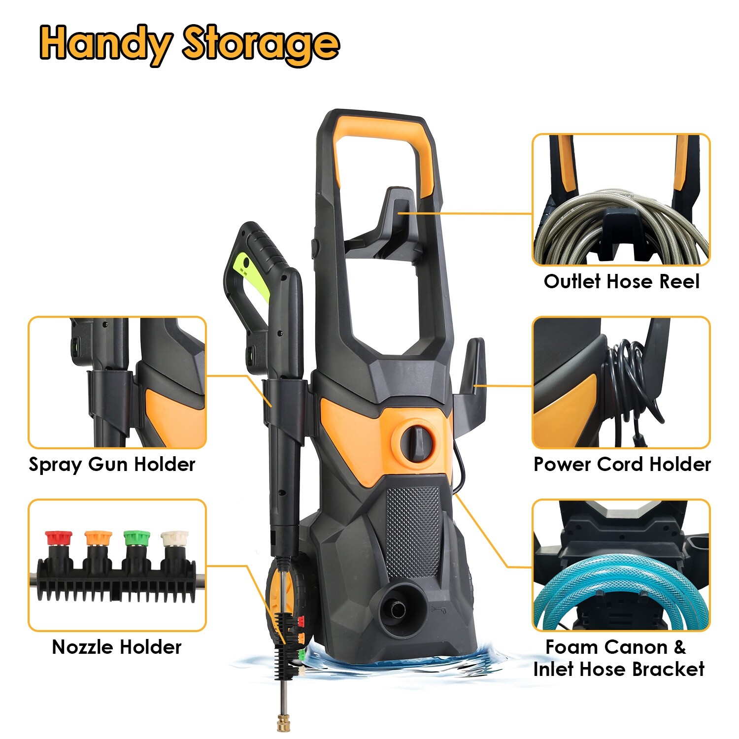 Portable Car Power Washer with Spray Gun 4 Nozzles Foam Cannon Holders for Deck