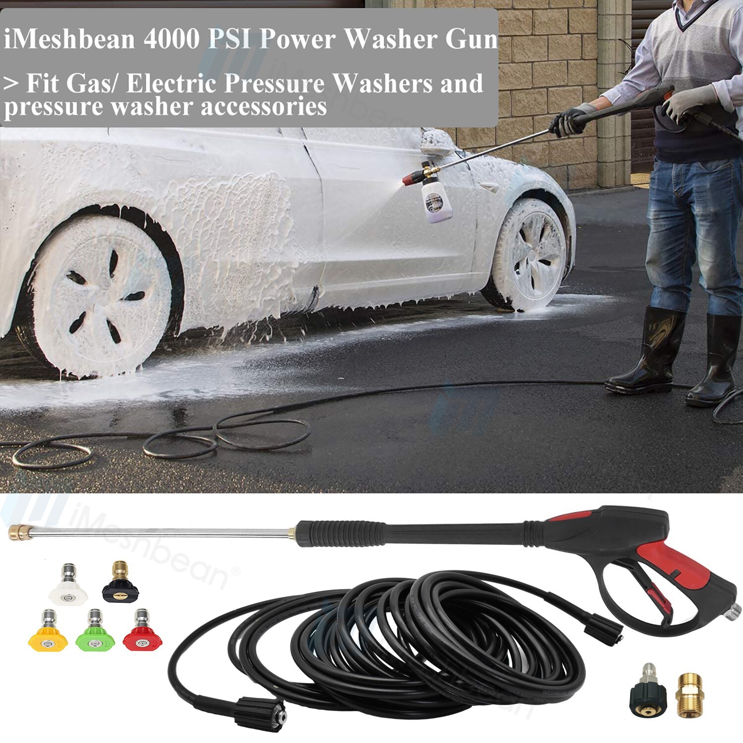 High Pressure 4000PSI Car Power Washer Gun Spray Wand Lance Nozzle and 26FT Hose