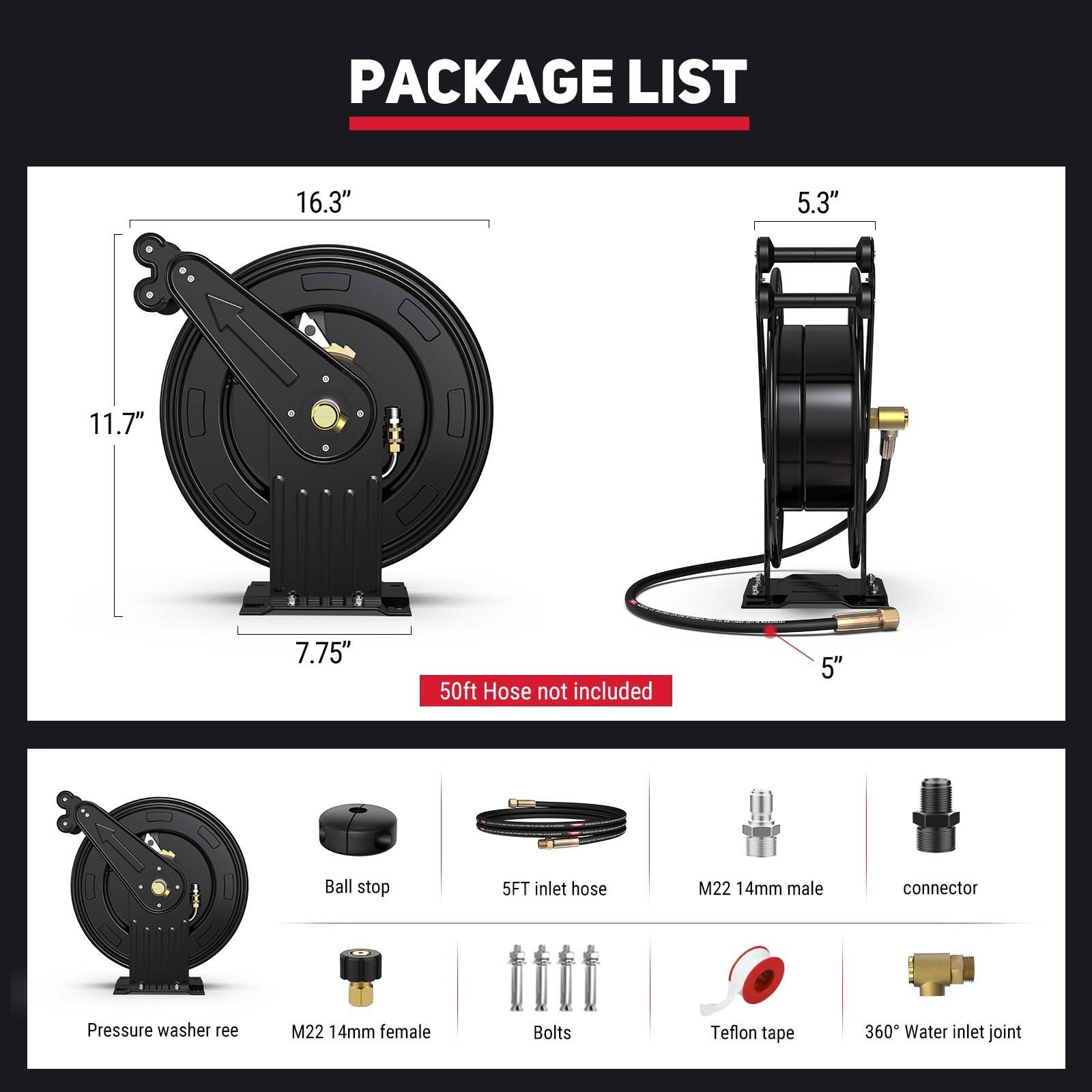 Pressure Washer Hose Reel Dual Arm 3/8in x 50ft Retractable Pressure Washer Reel
