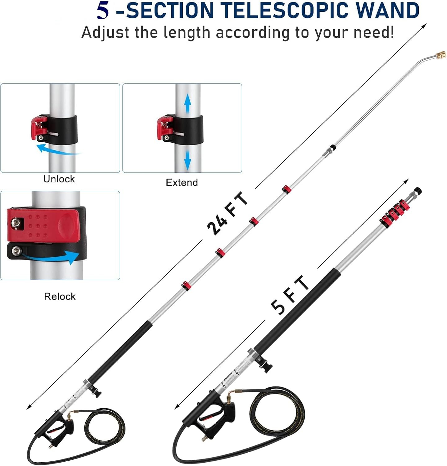 Pressure Washer Extension Wand 24FT Gutter Cleaning Brush 7 Nozzle From Ground