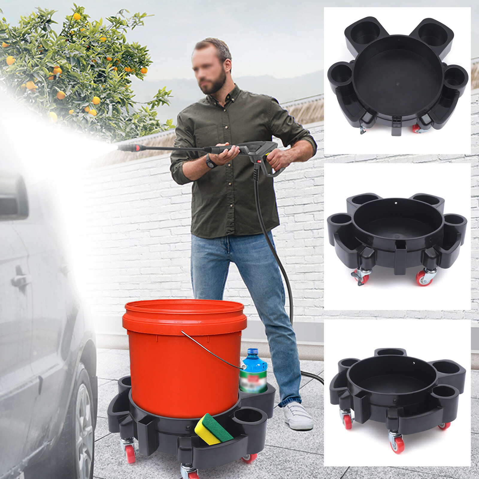 Bucket Dolly Car Wash Cleaning Trolly Mop Wash Drum Rolling Cart Heavy Duty