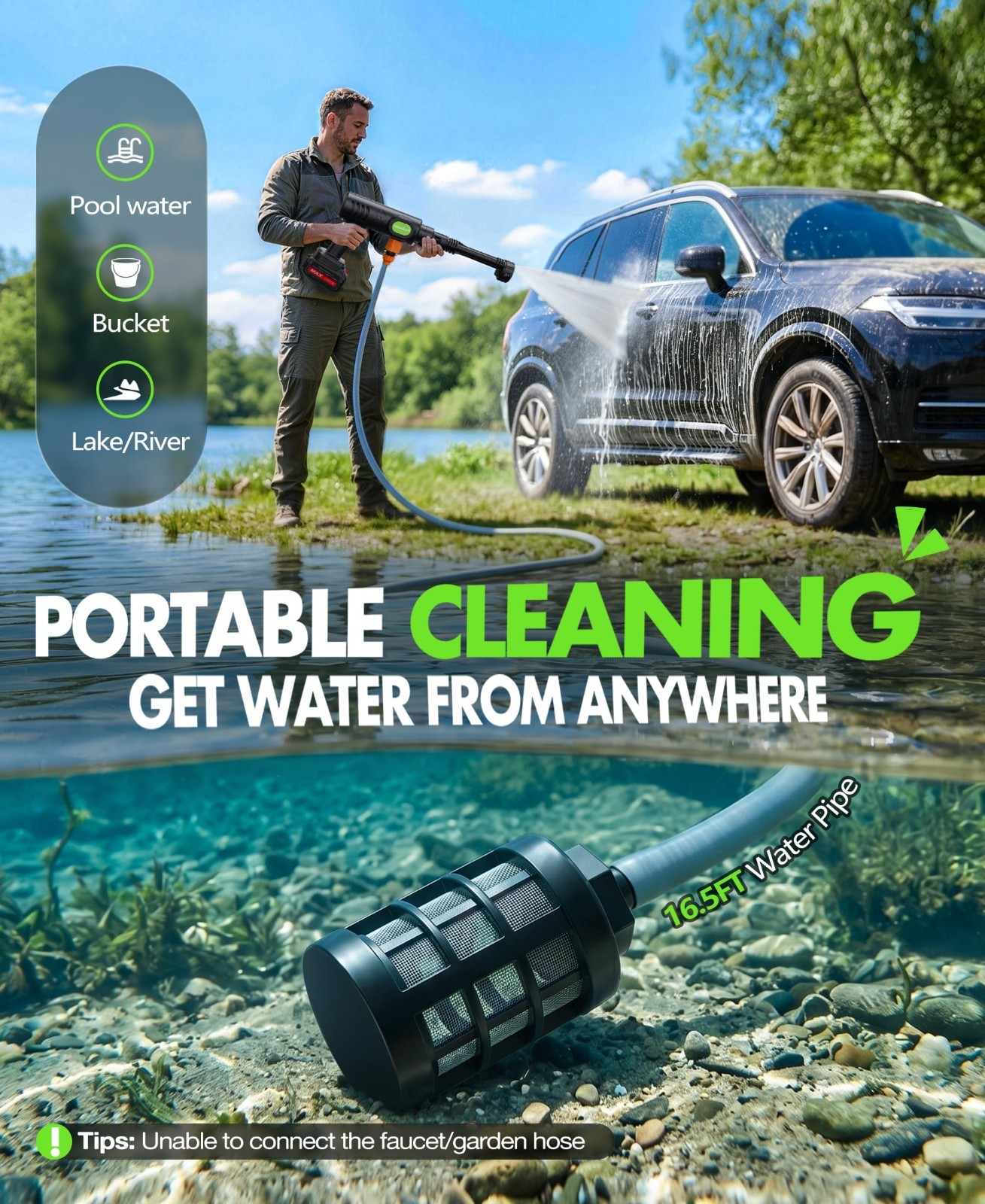 Portable Cordless Car Wash Tool – 6-in-1 Nozzle & Foam Cannon, Battery Operated