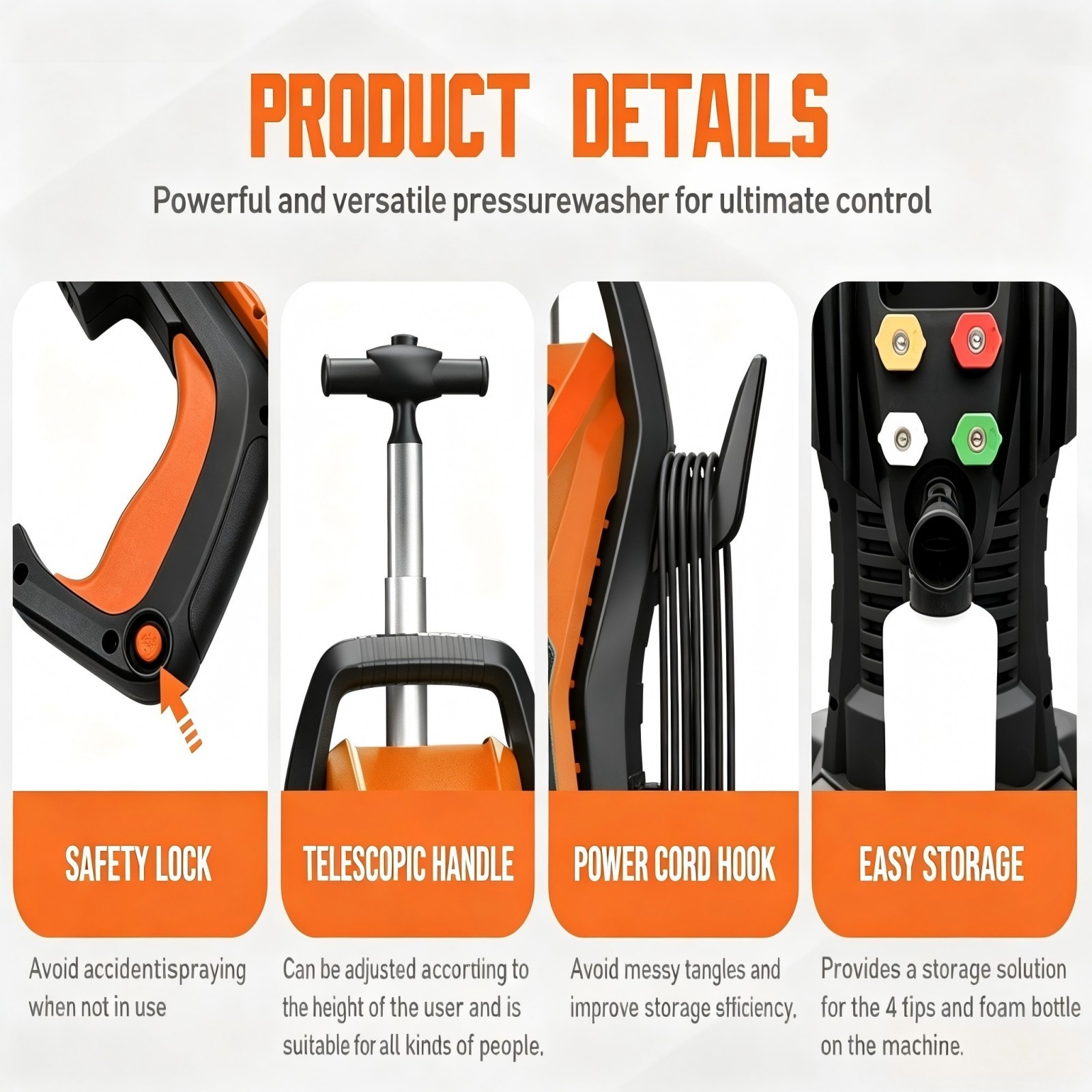 Pressure Washer 4500PSI 3.9GPM, 15-Level Touch, 4 Wheels, 4 Nozzles, for Car