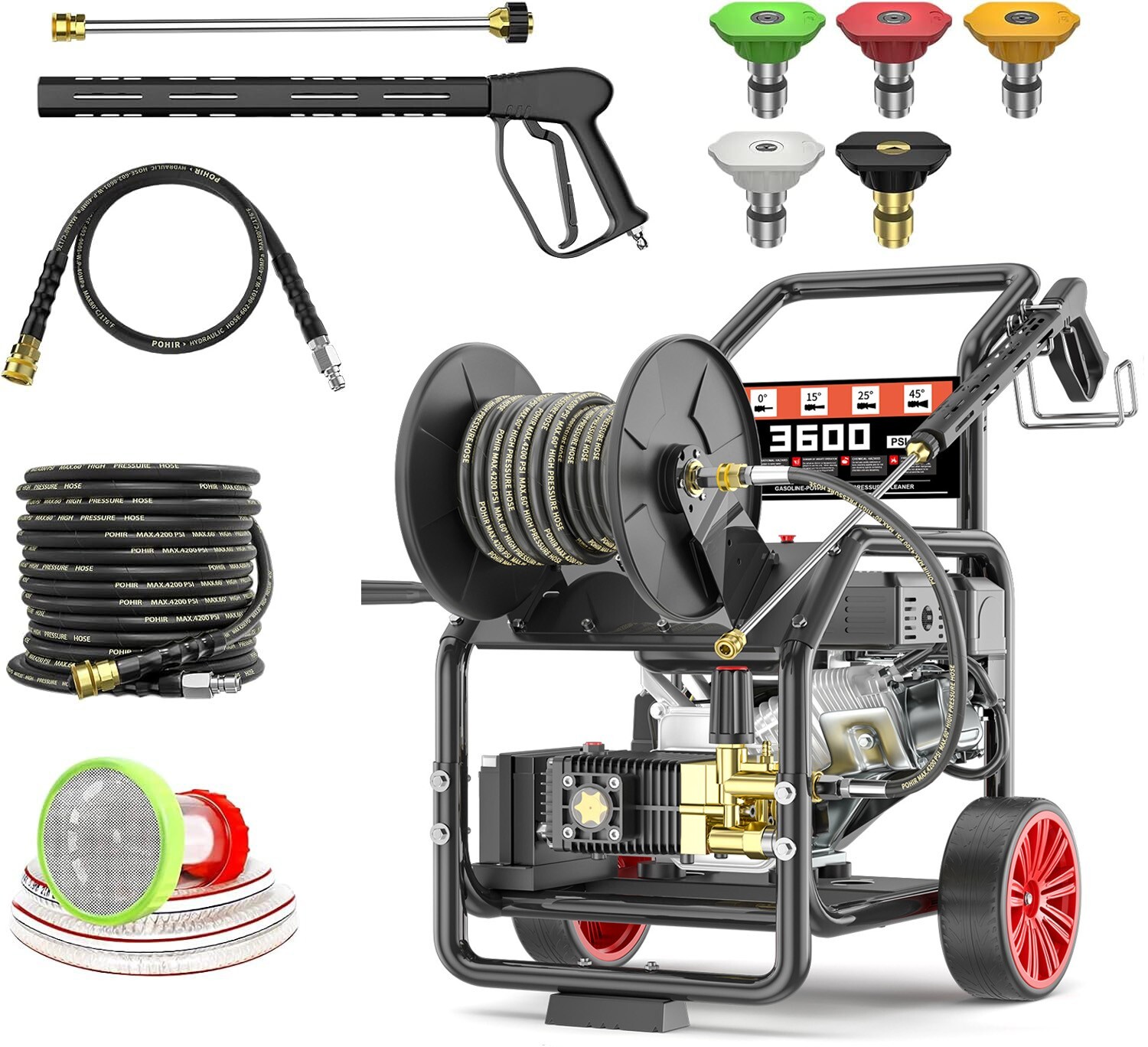 POHIR Gas Pressure Washer w/ Electric Start 50FT Hose 3600 PSI 3.3 GPM 5 Nozzles