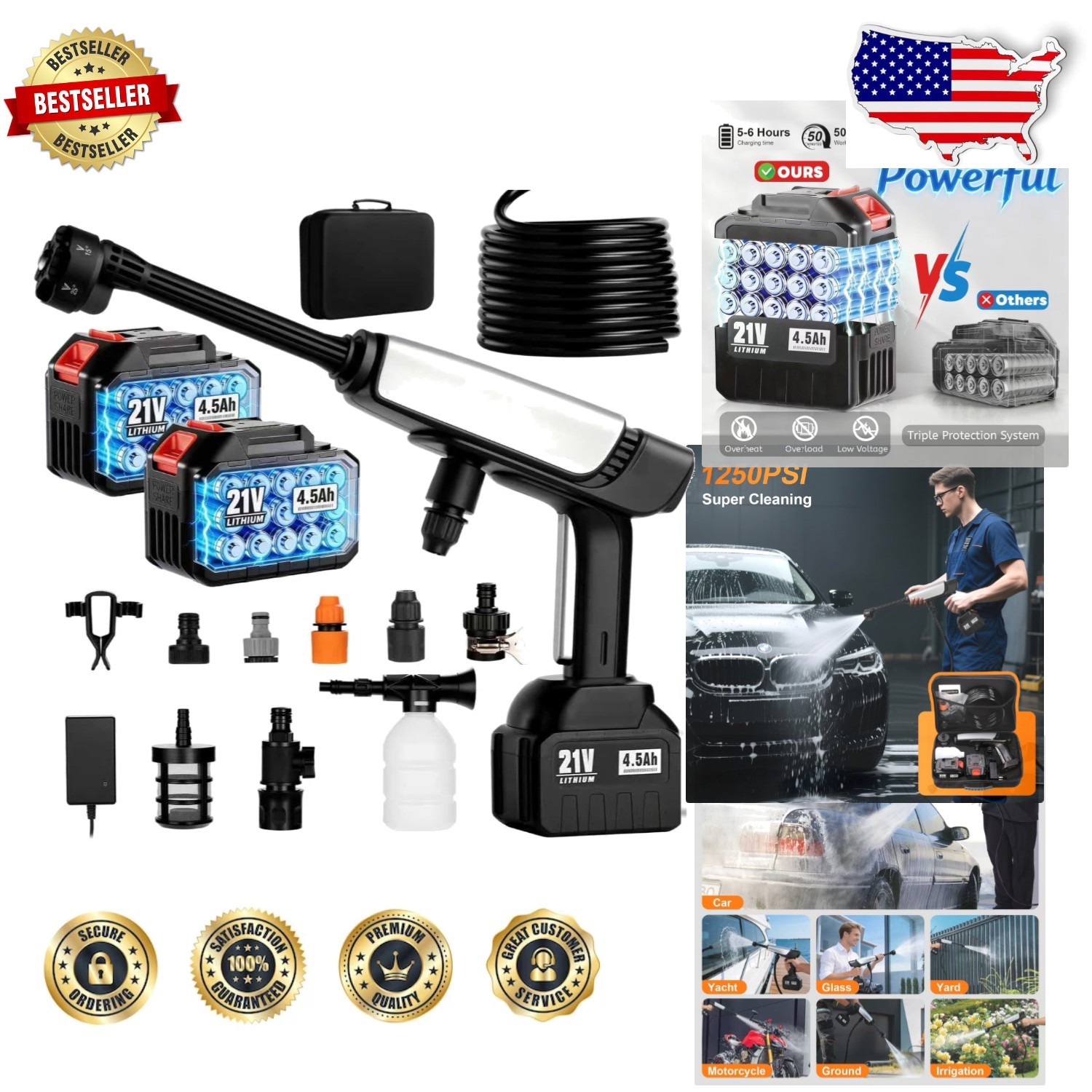 Cordless Pressure Washer 1250 PSI 2x 4.5Ah Batteries, Portable Power Washer C…