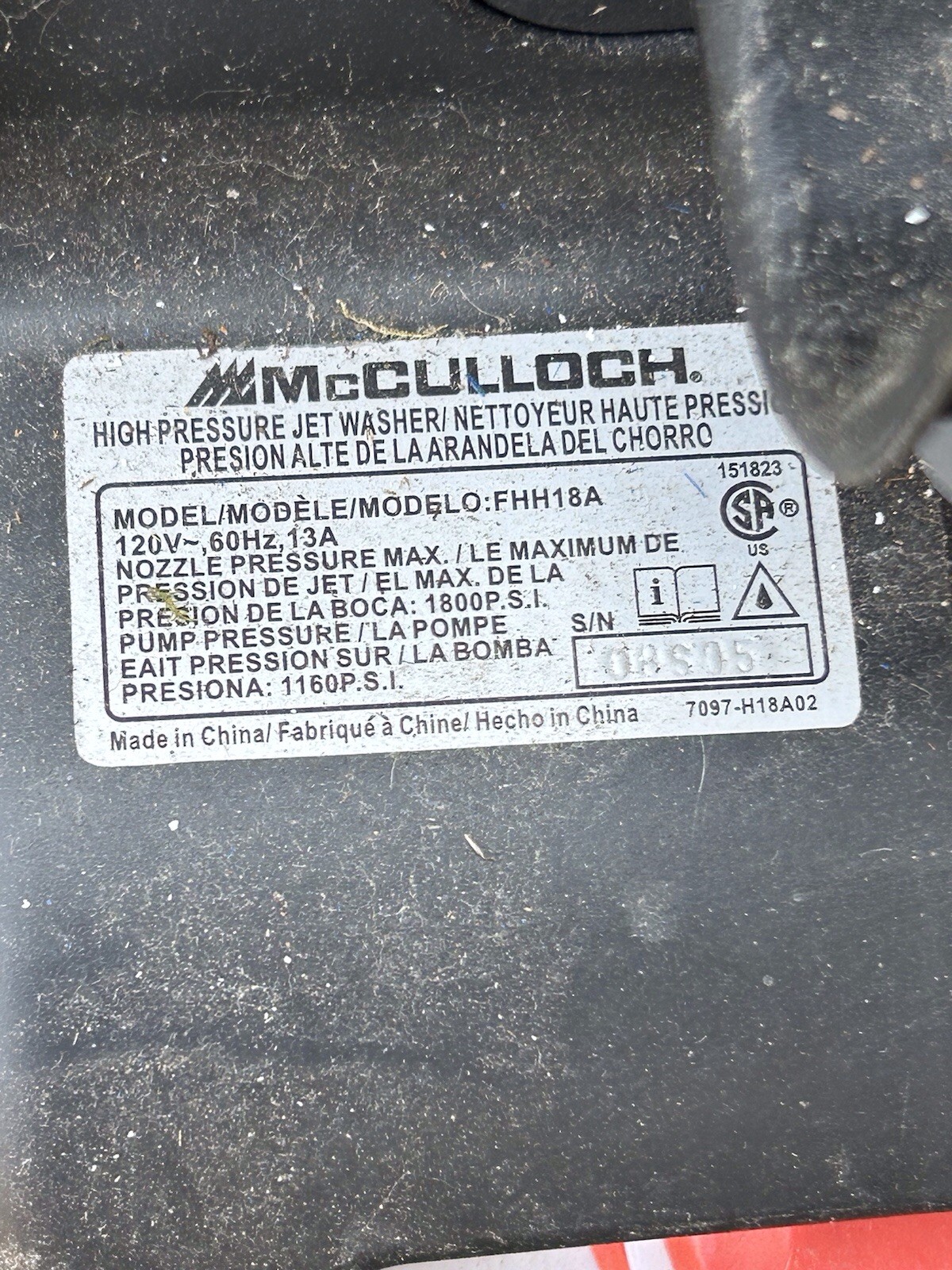 McCulloch Electric Pressure Washer FHH18A Tested No Leaks