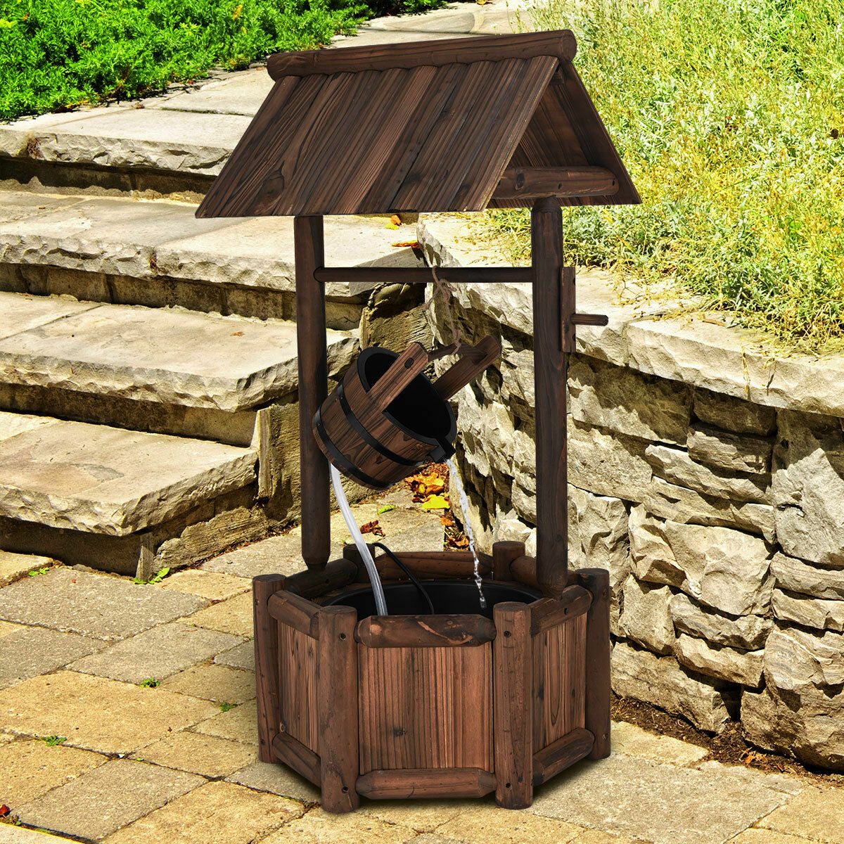 Garden Rustic Wishing Well Water Fountain Wooden Electric Backyard Pump Outdoor